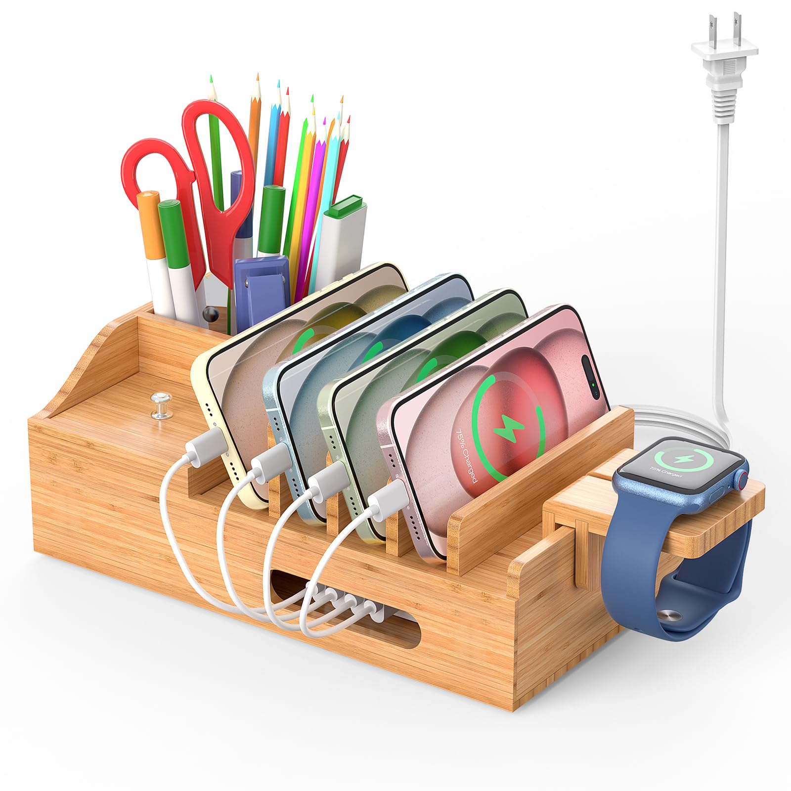 5-Port Bamboo Charging Station for Phones, Tablets & Watches - Office & Home Use