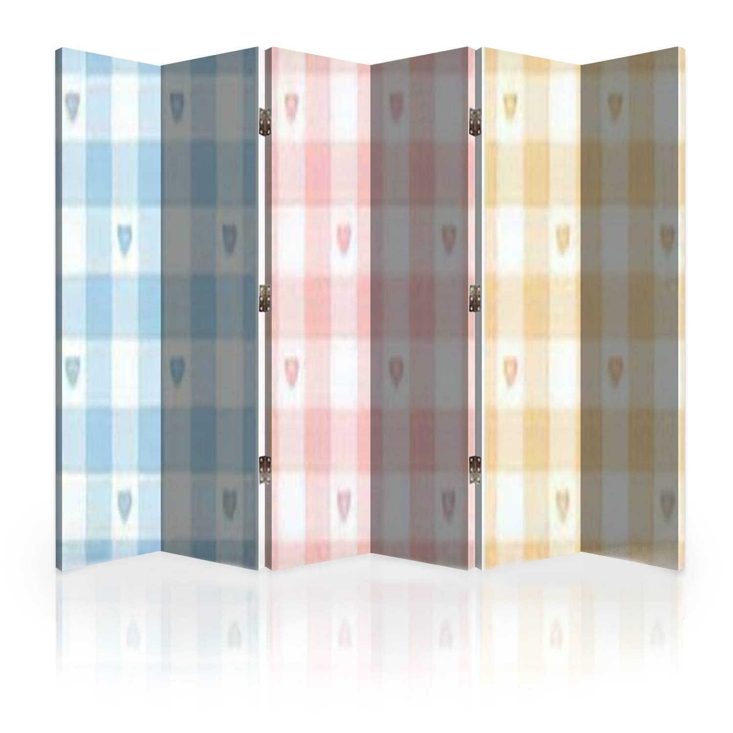 Pastel Pink Blue Yellow White Gingham Heart Canvas Room Divider - 6 Panel Folding Privacy Screen for Bedroom, Office & Nursery - Seamless Room Separator & Wall Partition for Home Decor