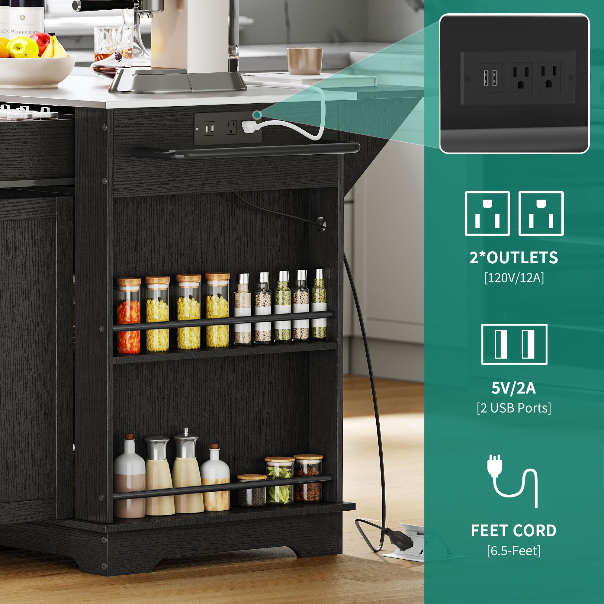 YITAHOME 60 Inch Kitchen Island with Stainless Steel Top & Power Outlet - Mobile Kitchen Cart with Drop Leaf, Storage Drawers & Wheels - Black Metal Countertop Island for Small Spaces & Apartment Cooking - Perfect for Meal Prep, Baking & Extra Counter Space