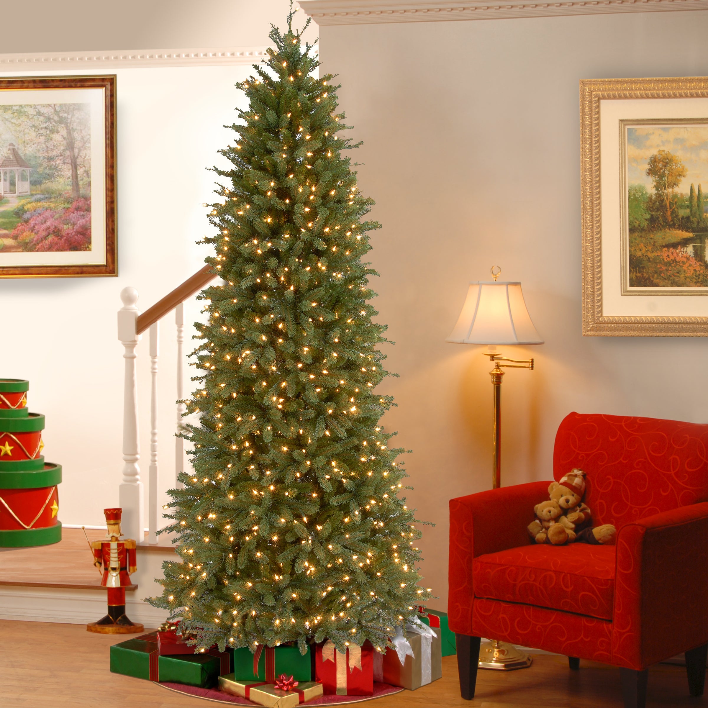 6.5 ft Pre-Lit Jersey Fraser Fir Pencil Slim Christmas Tree with 300 Clear LED Lights - Perfect for Small Spaces, Apartments & Office Decor