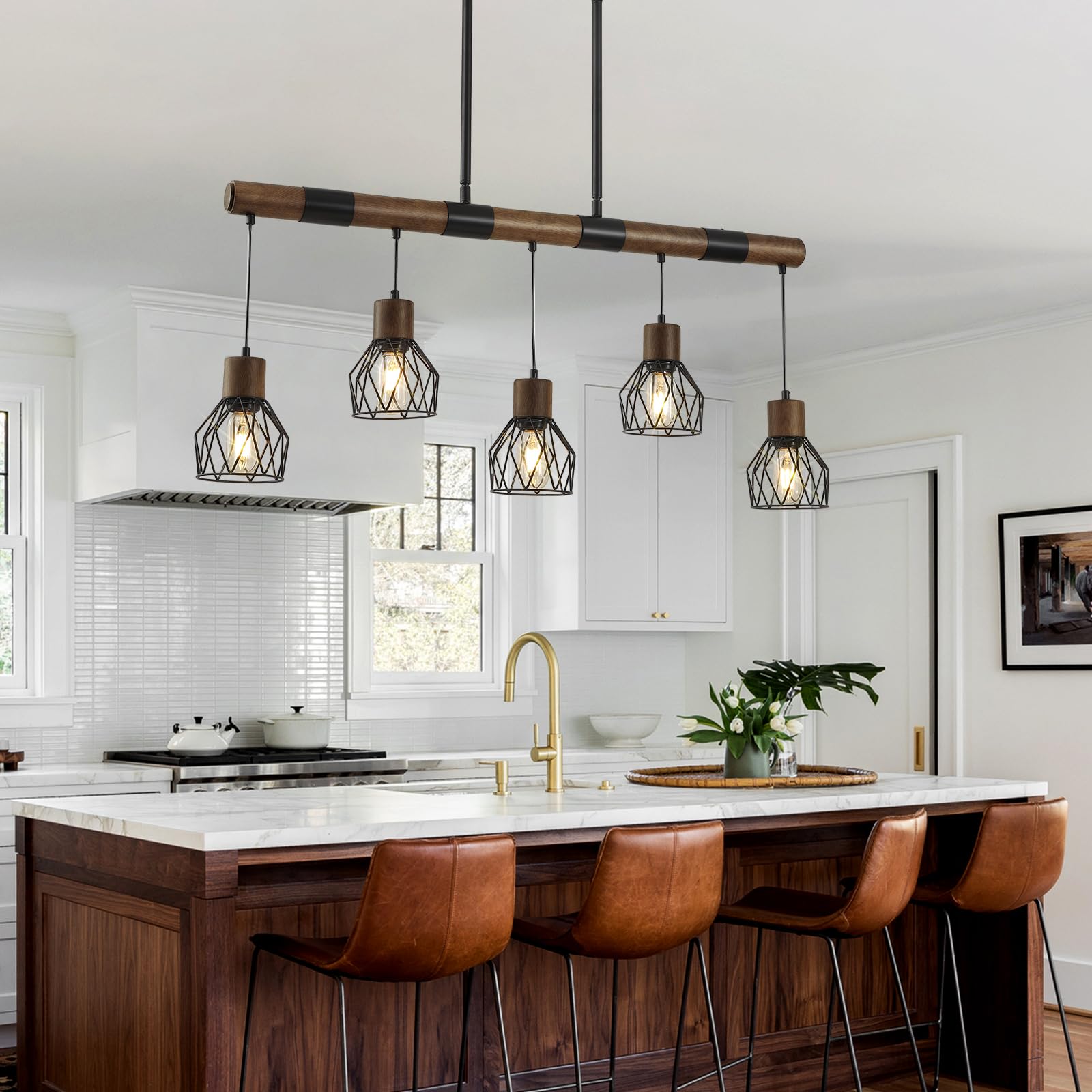 5-Light Kitchen Island Lighting Fixture - Farmhouse Linear Chandelier for Dining Room - Matte Black Rustic Wood Ceiling Pendant with Metal Lampshade - Perfect for Kitchen Islands, Dining Tables, and Farmhouse-Style Decor
