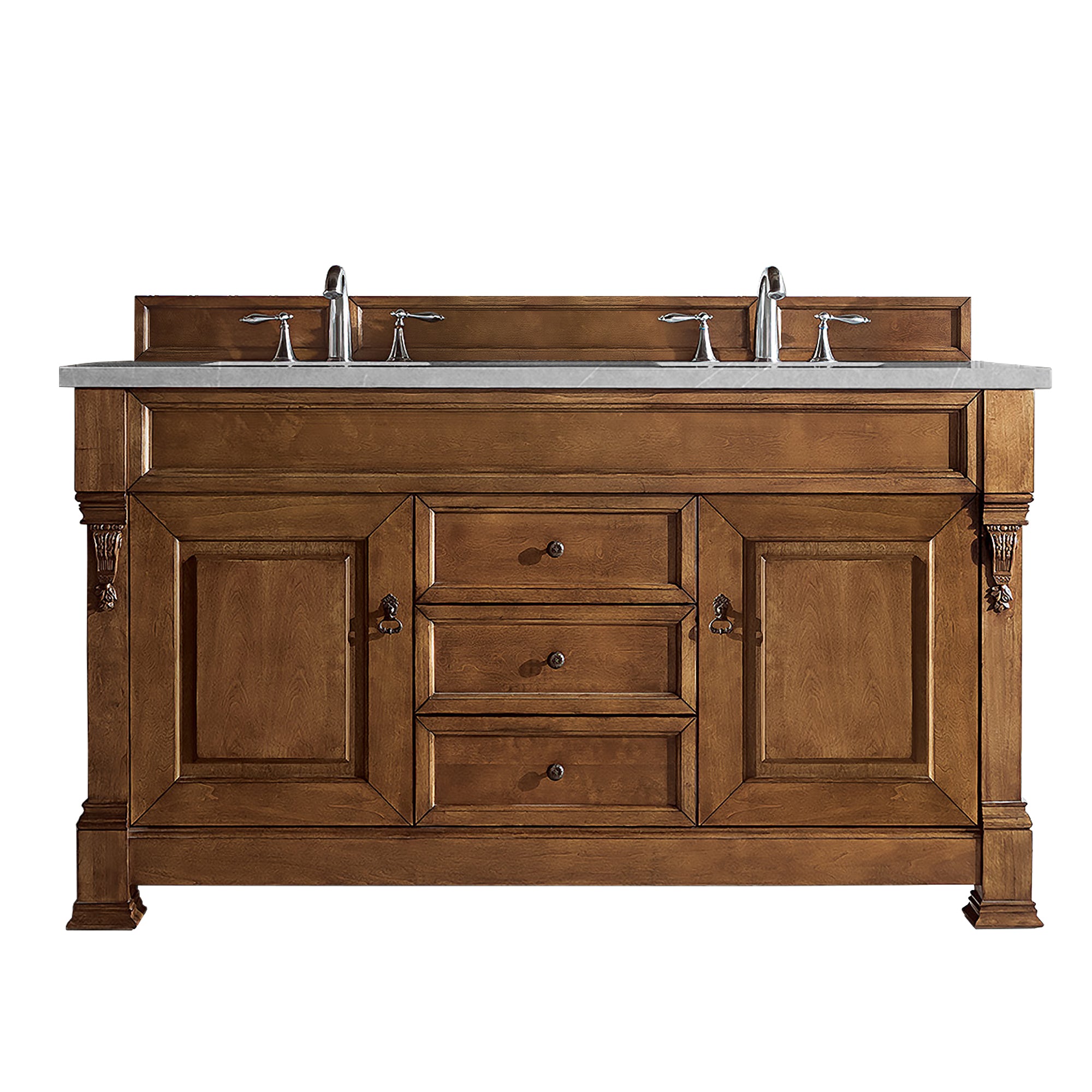 Brookfield 60-Inch Double Vanity Bathroom Sink with Country Oak Cabinets & 3CM Eternal Serena Quartz Countertop - Perfect for Master Bathrooms and Luxury Home Renovations