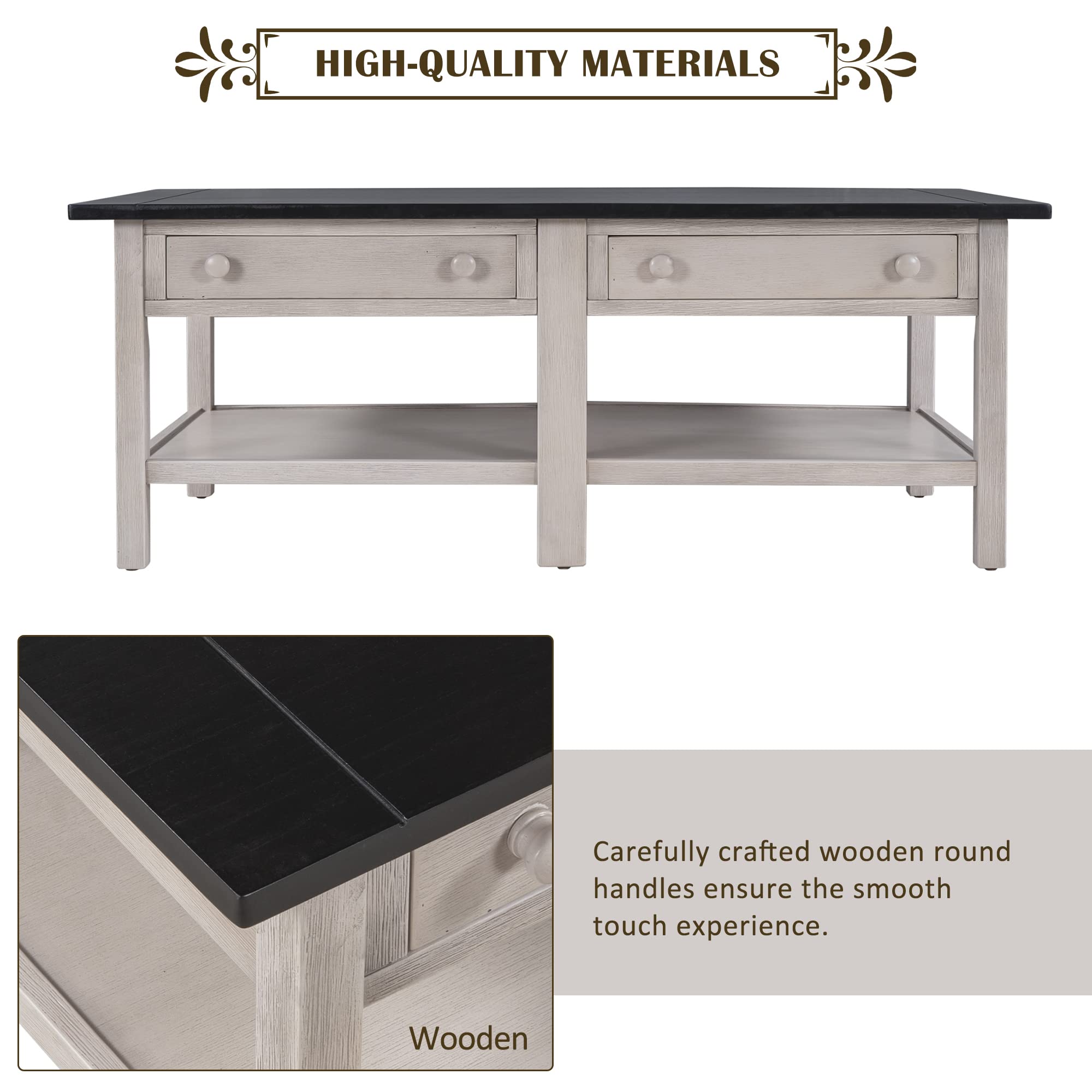 Solid Wood Coffee Table with 2 Drawers & Open Shelf - Large Storage, Classic American Style Cocktail Table for Living Room, Office, or Lounge (Espresso & White Finish) - Perfect for Entertaining Guests, Holding Drinks & Displaying Decor