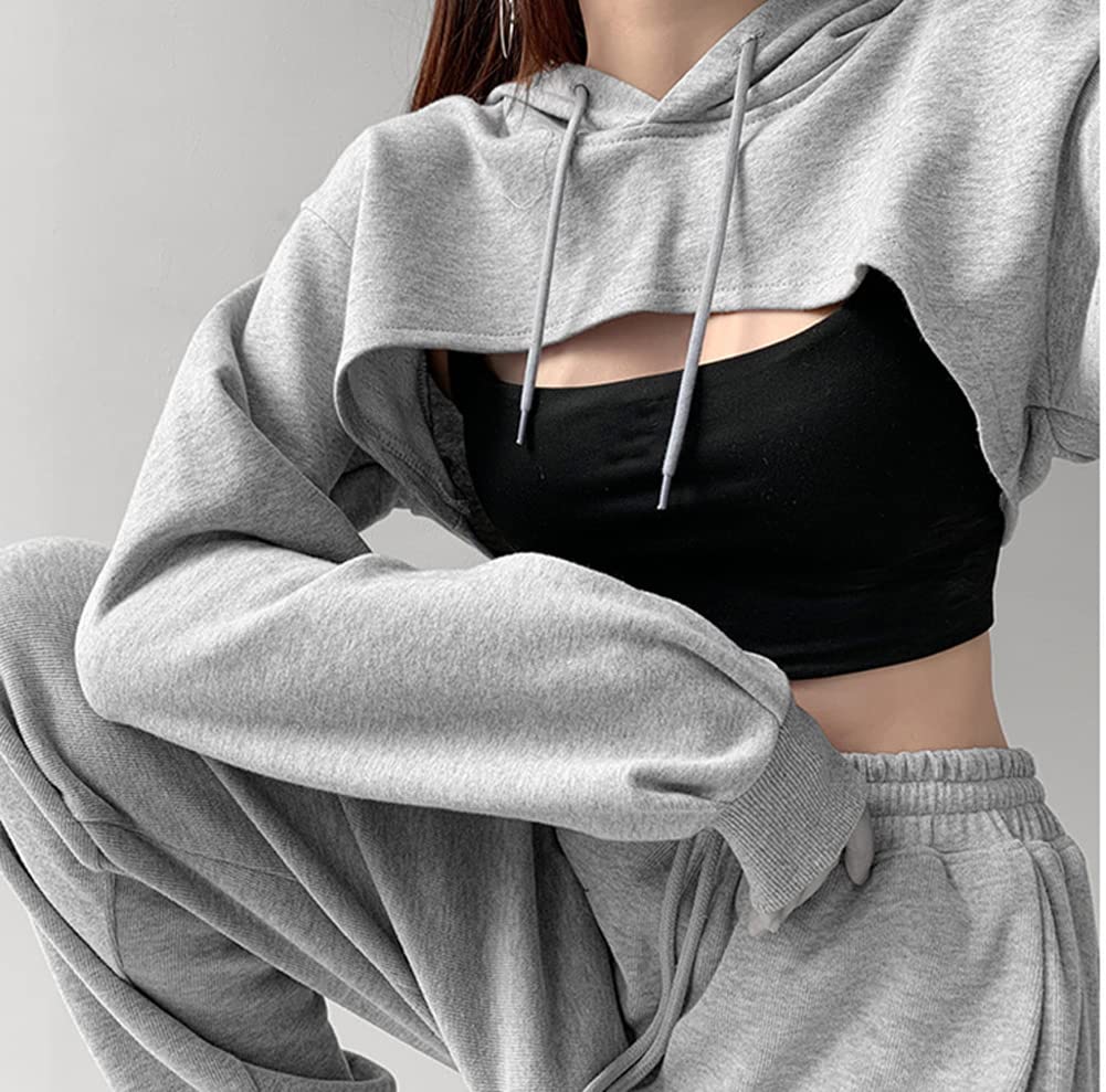 Hotmiss Women's Cropped Long Sleeve Cut Out Hoodie - Loose Fit Workout Pullover Sweatshirt for Yoga, Gym & Casual Streetwear Fashion
