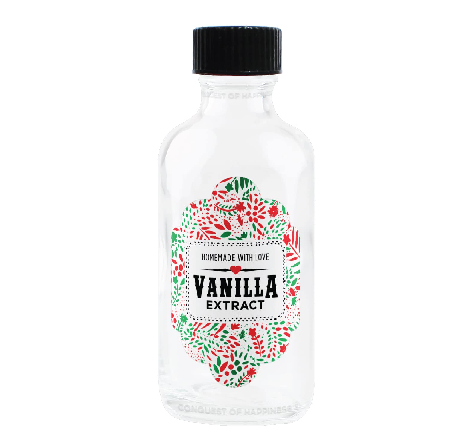 Premium Homemade Vanilla Extract Labels with 2 oz Glass Bottles - Handcrafted by Conquest of Happiness - Perfect for Christmas Gifts, Holiday Baking & DIY Spice Jars (Pack of 12)