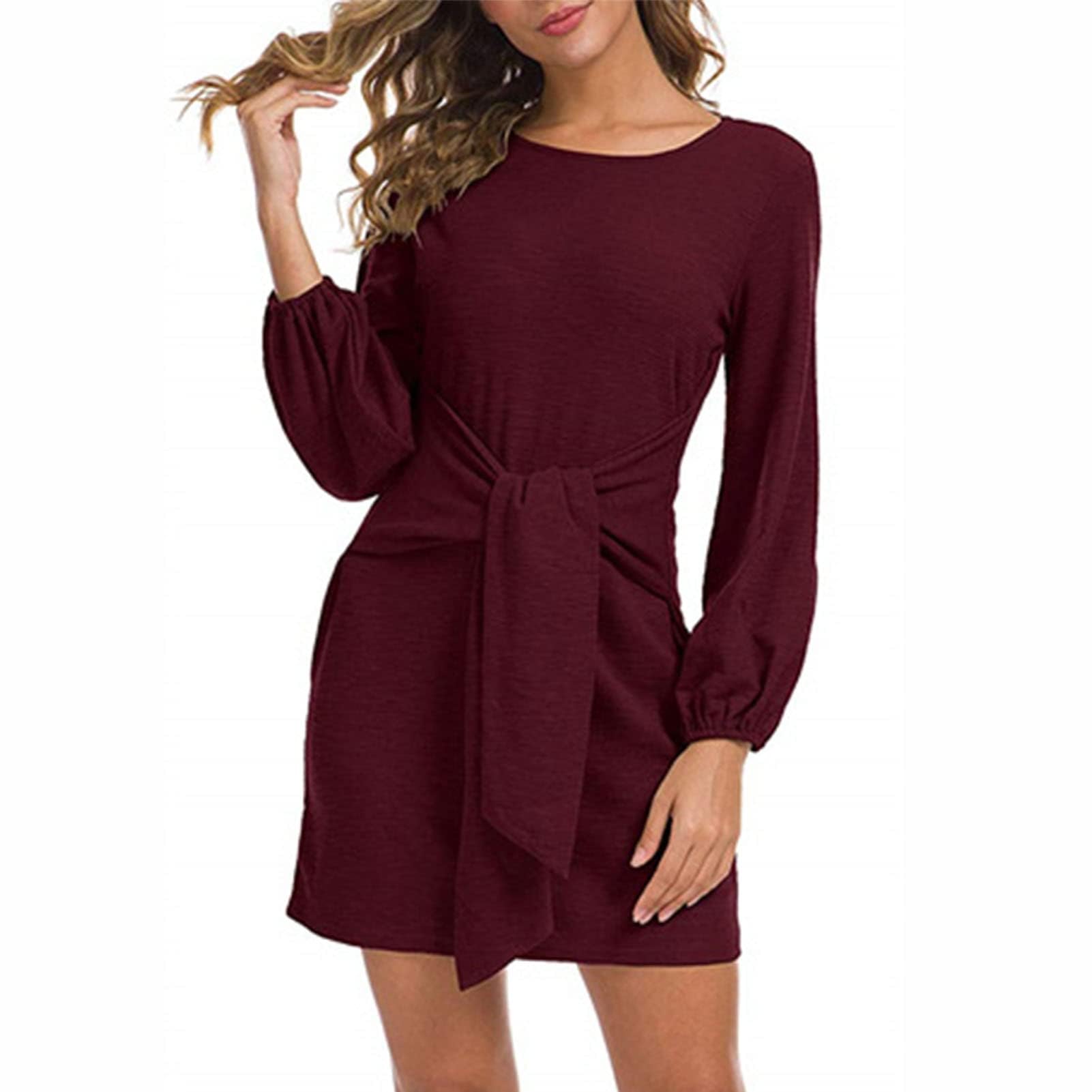 2024 Women's Elegant Long Lantern Sleeve Short Dress - Tie Waist Crewneck Cocktail Party Dress for Evening Events, Weddings & Date Nights