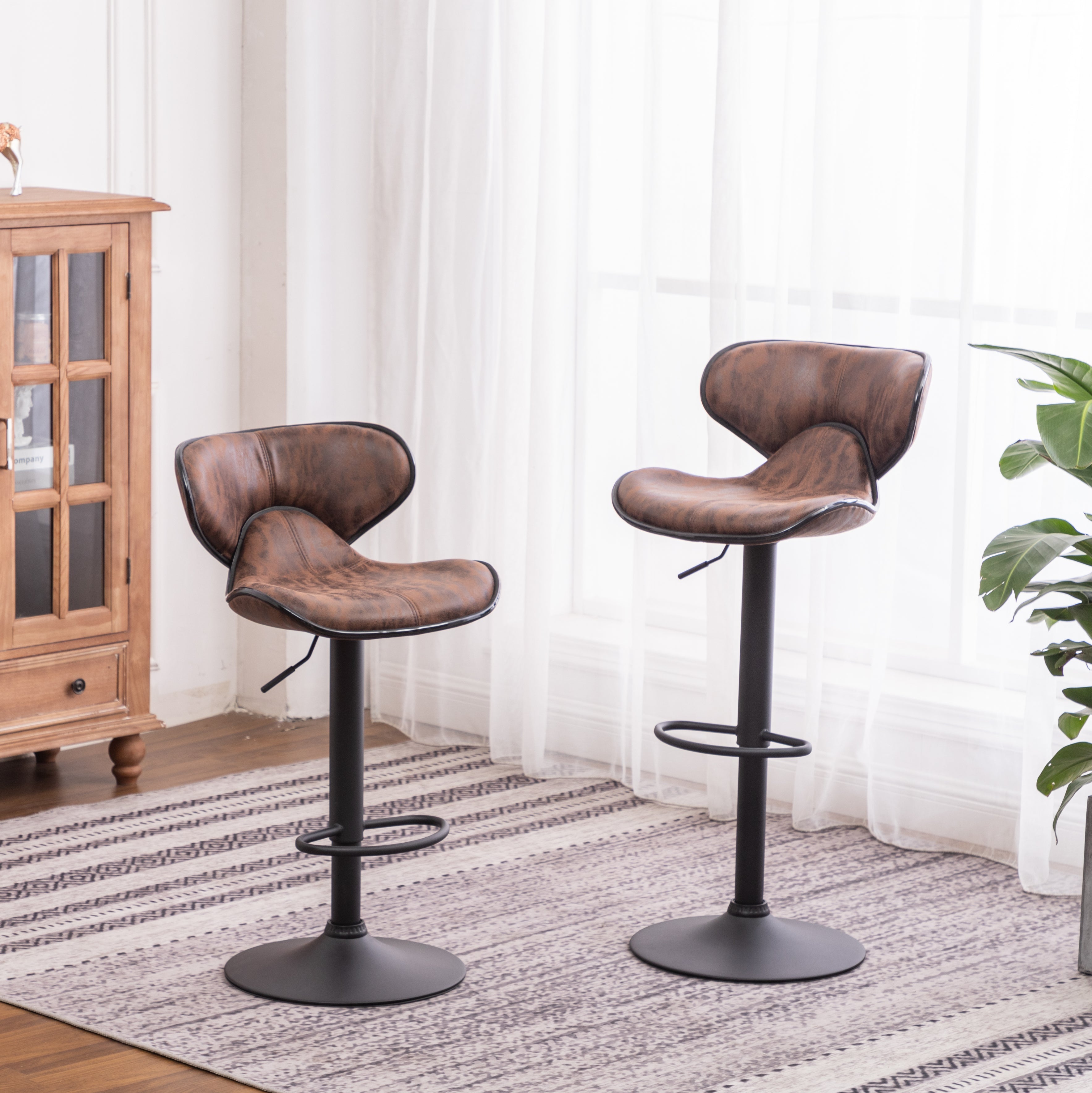 Roundhill Furniture Masaccio Upholstered Adjustable Swivel Bar Stool with Chrome Base - Set of 2, Weathered Brown - Perfect for Kitchen Islands, Home Bars & Breakfast Nooks