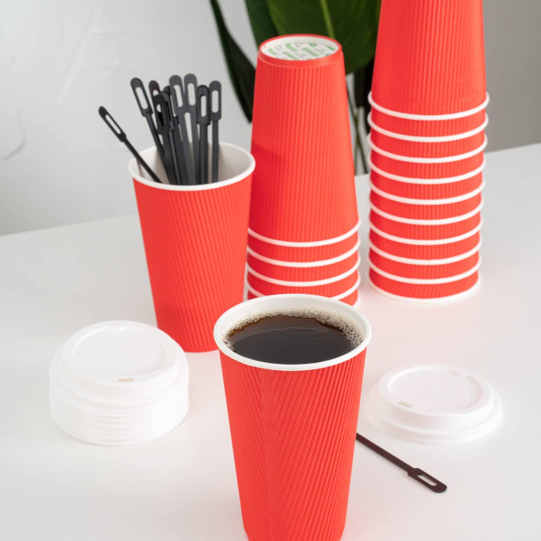 16oz Insulated Coffee Cups with Lids (200 Pack) - Leakproof & Non-Slip Red Disposable Paper Cups for Hot Beverages - Perfect for Coffee, Tea, Hot Cocoa & Lattes at Cafés, Offices & Events