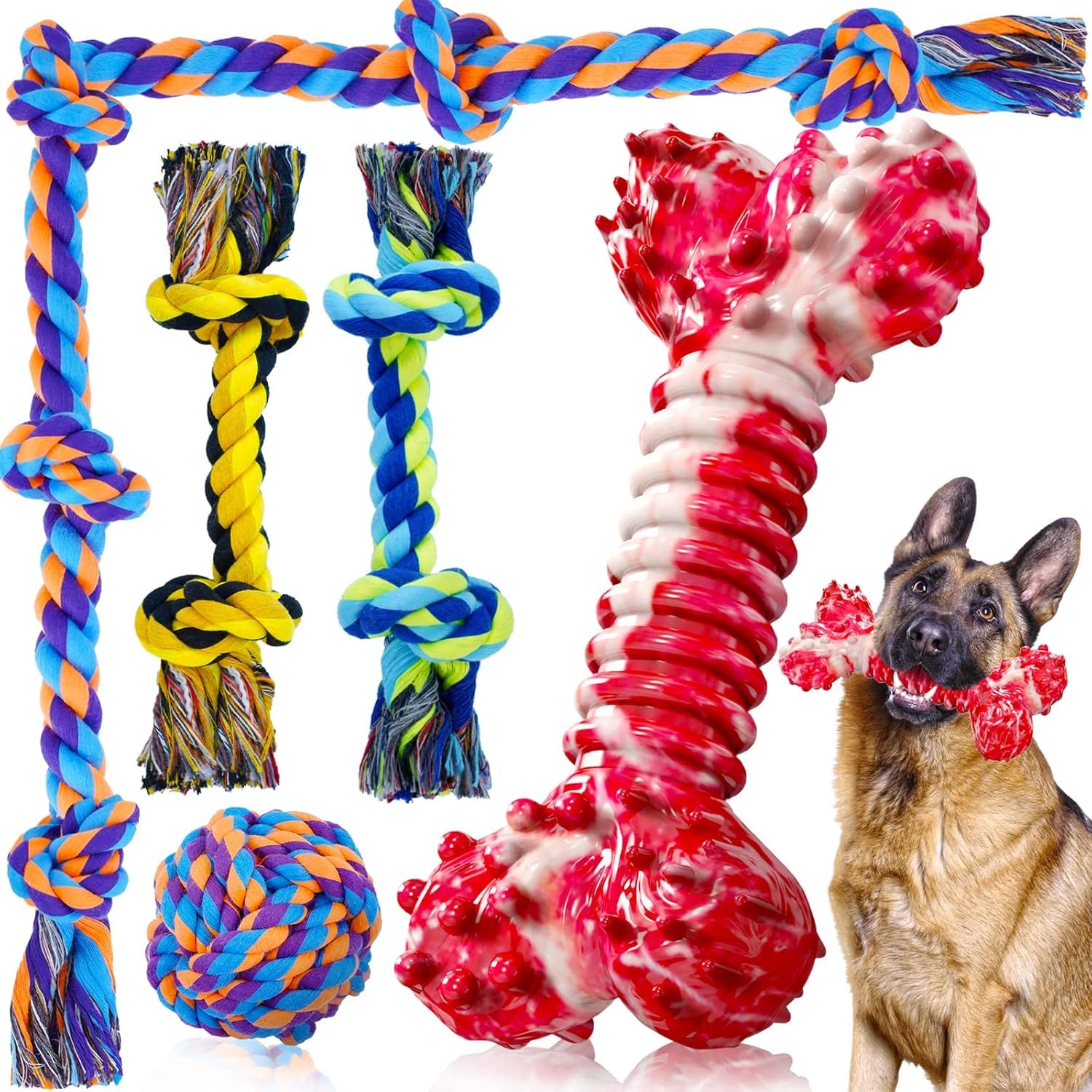 SHARLOVY 5 Pack Indestructible Dog Chew Toys for Aggressive Chewers - Tough Cotton Rope & Bone Chew Toys for Large Breed Dogs - Perfect for Playtime, Training, and Dental Health