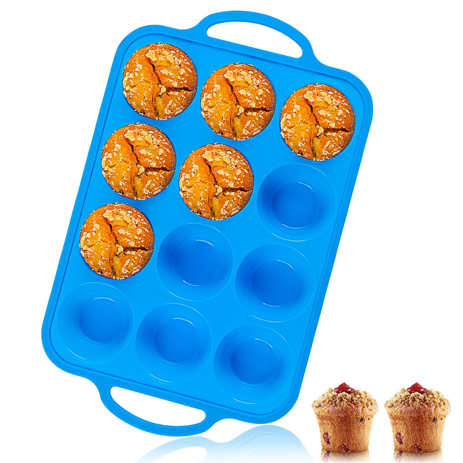 1Pack 12-Cup Silicone Muffin Pan with Metal Reinforced Frame - BPA Free, Oven & Dishwasher Safe Cupcake Baking Tray - Perfect for Home Baking, Party Desserts & Meal Prep (Blue)