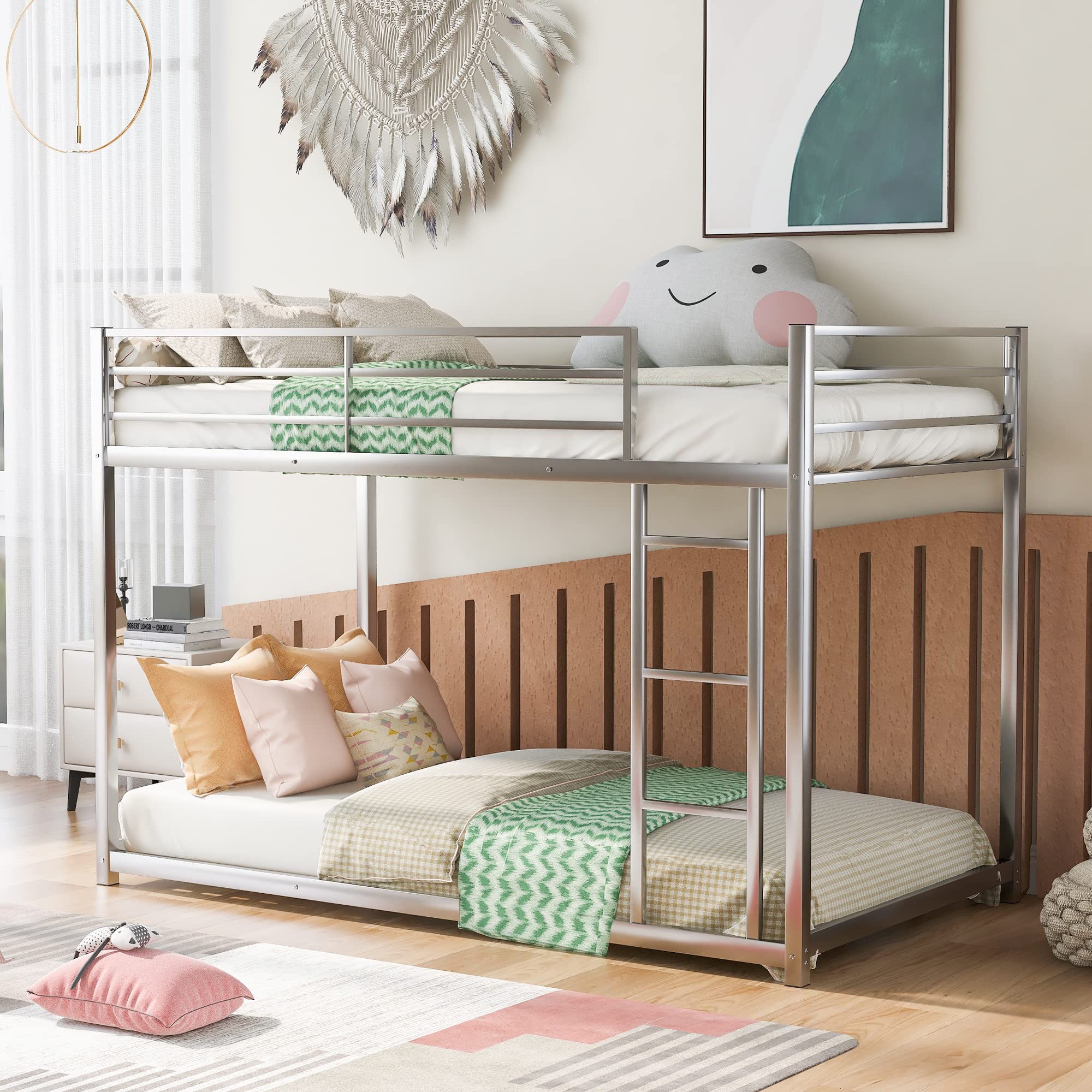 JULYFOX Metal Twin Over Twin Bunk Bed Frame - Sturdy Steel Construction with Ladder, No Box Spring Needed - Space Saving Solution for Kids, Teens & Small Rooms (Silver, Twin Size) - Perfect for Dormitories, Guest Rooms & Vacation Homes