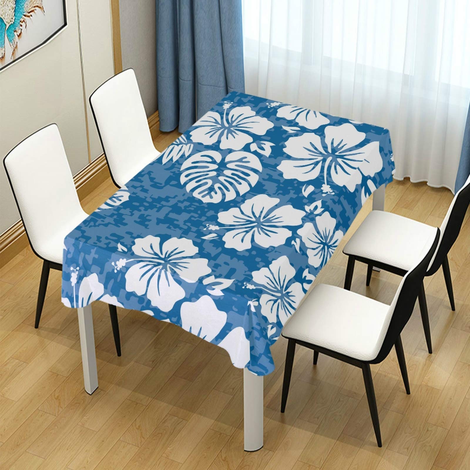 Hawaiian Tropical Hibiscus Palm Leaf Square Tablecloth - 54 Inch Polyester Party Table Decor for Dinner, Luau, Beach & Summer Events