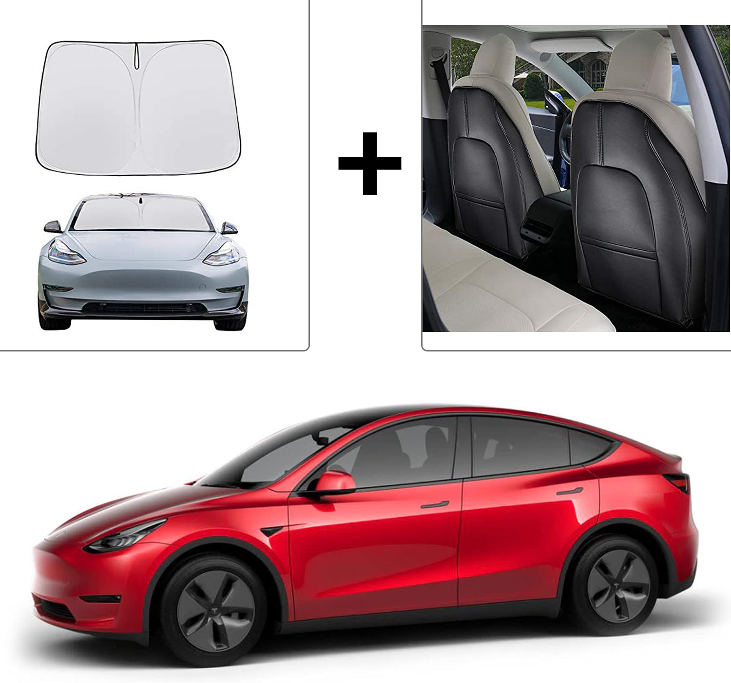 Tesla Model Y & Model 3 Windshield Sunshade & Seat Back Kick Mats - UV Protection & Scratch Proof Car Accessories for Tesla Owners (Perfect for Road Trips & Family Travel)