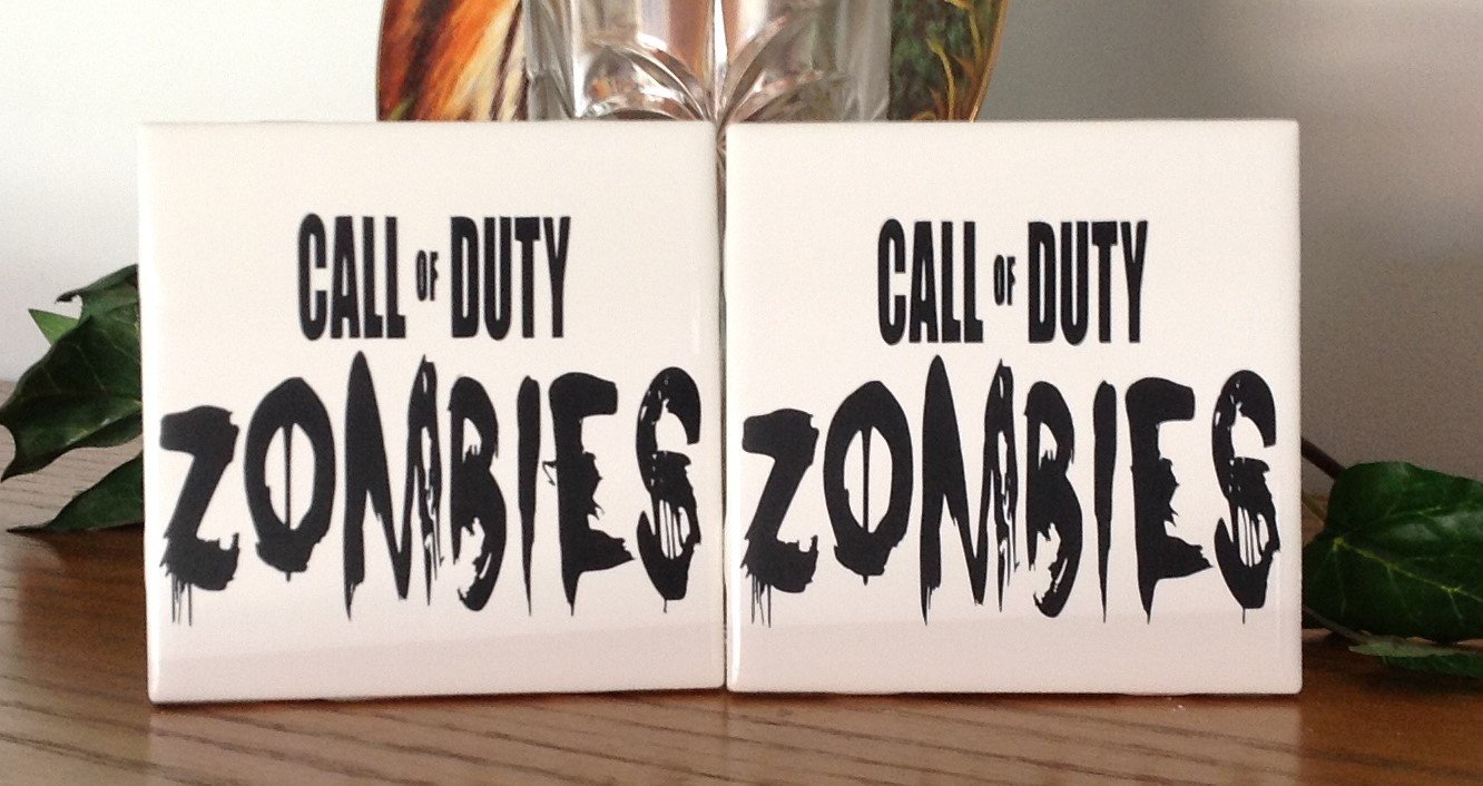 Zombie Themed Ceramic Tile Coasters - Set of 2, Halloween Party Decor, Horror Movie Night Accessories, Unique Drink Coasters for Beer & Wine Glasses