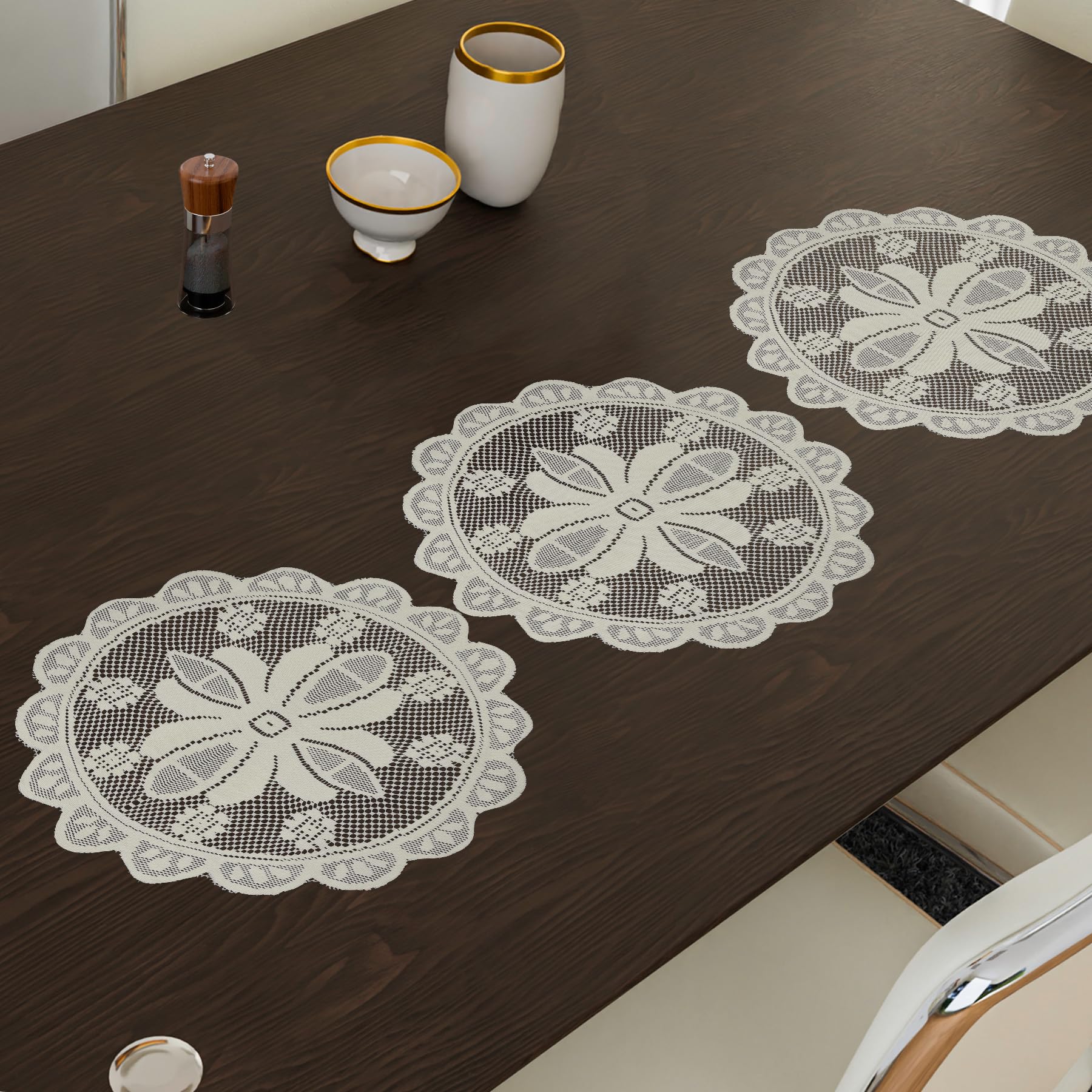 Kuber Industries Round Placemat Set - 20 Inch Light Cream Dining Table Mats, Pack of 3 - Perfect for Formal Dinners, Casual Meals & Side Table Decor