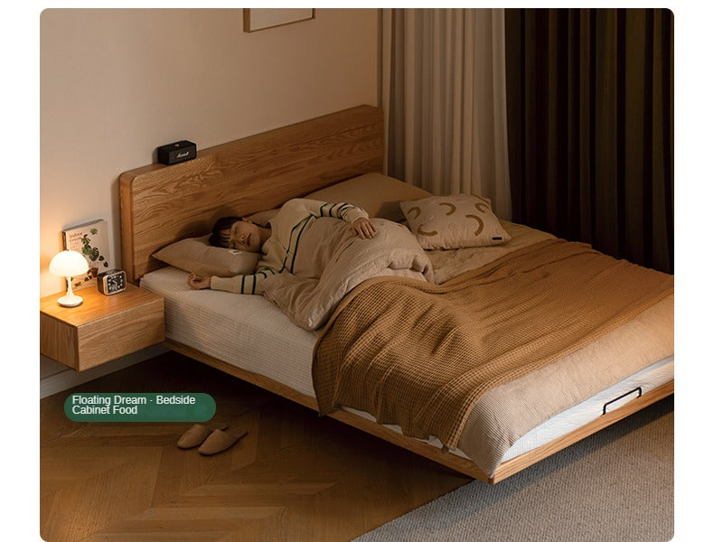 Oak Solid Wood Suspended Bed Frame - Queen Size Floating Platform Bed with Headboard - Modern Minimalist Bedroom Furniture for Loft, Apartment & Small Spaces