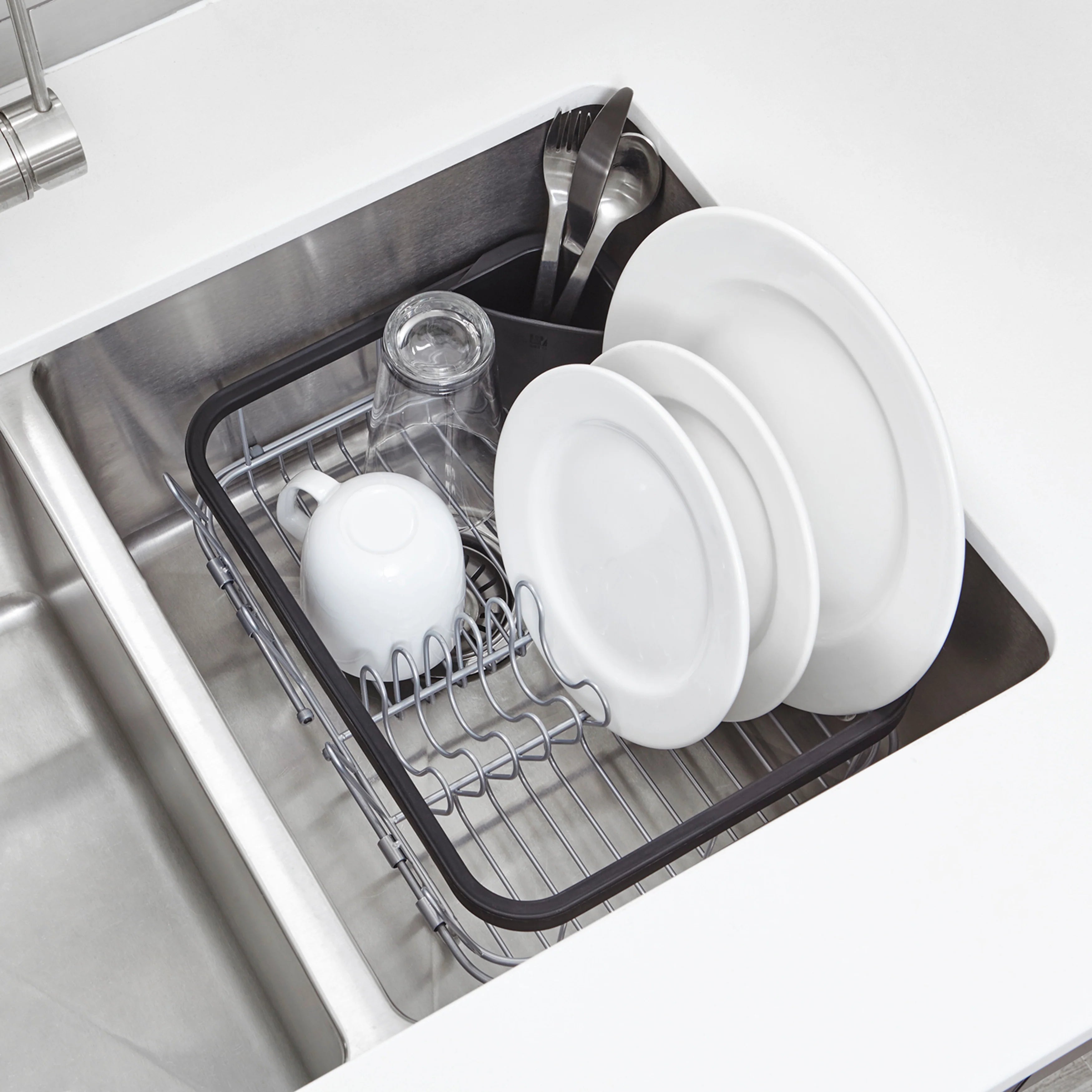 Stainless Steel Dish Drying Rack for Kitchen - Space Saving Sink Drainer with Utensil Holder - Perfect for Small Apartments & Countertop Organization