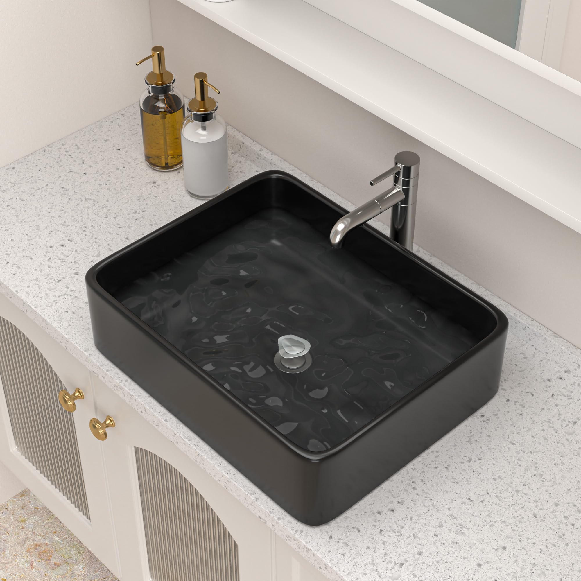 Logmey 19 Inch Black Porcelain Vessel Sink - Modern Rectangular Bathroom Vanity Sink 19x15 Inch, Above Counter Ceramic Art Basin for Contemporary Bathrooms | Perfect for Master Bath, Powder Room & Spa Retreats