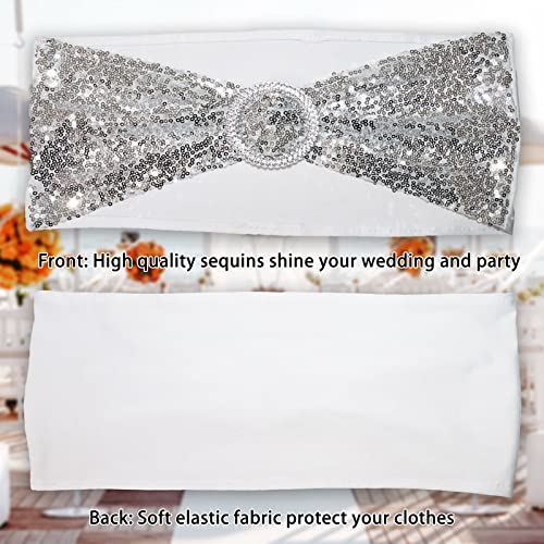 100PCS Silver Sequin Chair Sashes - One-Sided Glittering Chair Covers for Wedding, Reception, Party & Hotel Events | Stretchable Chair Bands for Elegant Table Decorations