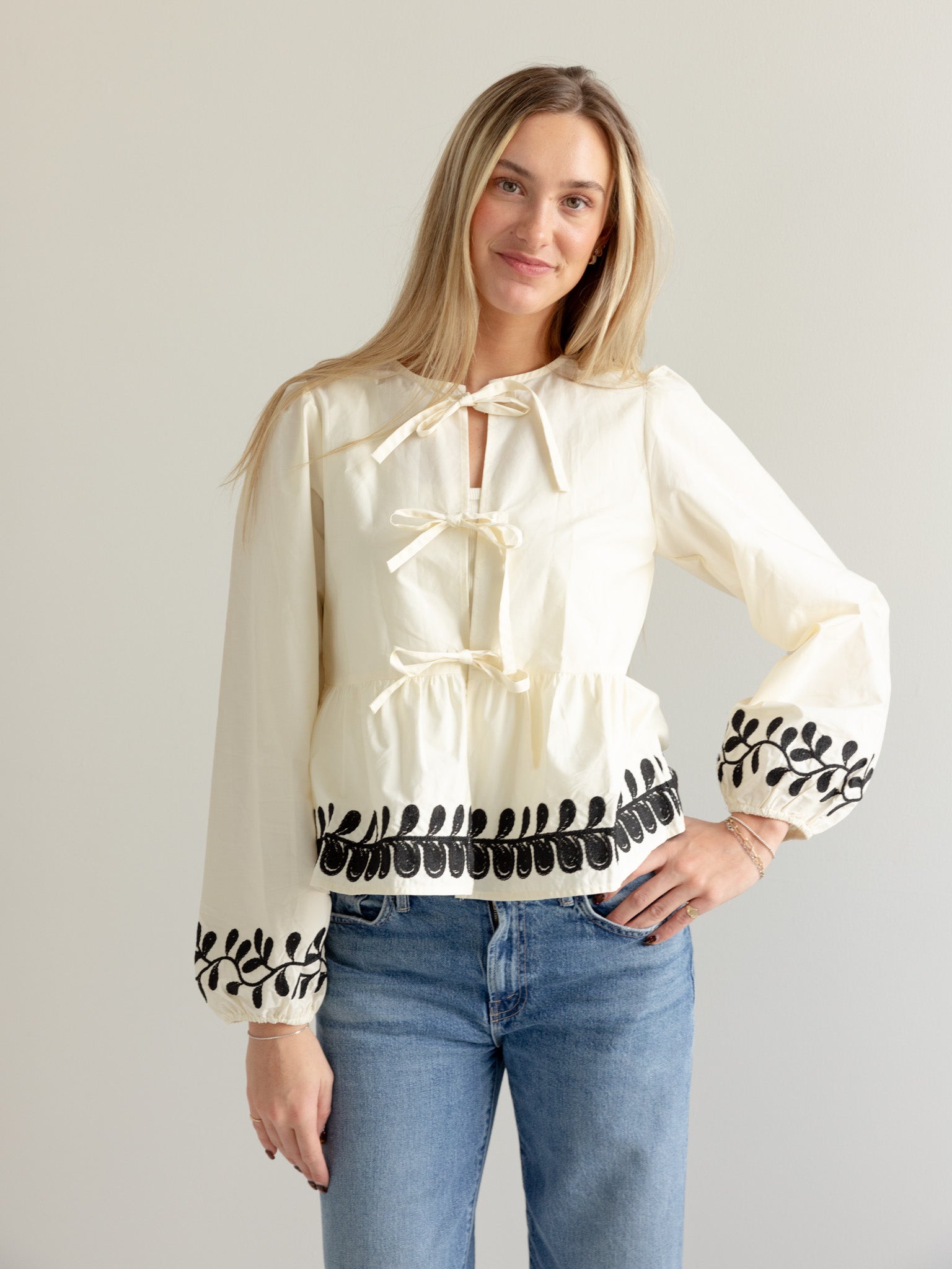 Elegant Embroidered Peplum Bow Blouse for Women - Flowy Floral Top for Office, Party & Date Night