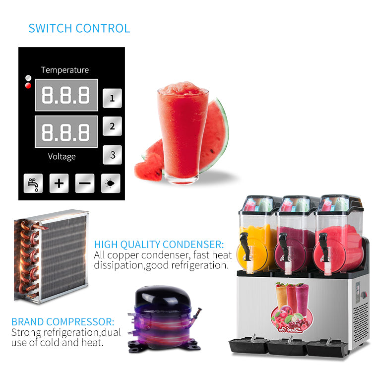 110V Commercial Slushy Machine 45L 3-Tank Stainless Steel Margarita & Frozen Drink Maker with Powerful Compressor - 1100W High Efficiency Cooling System for Supermarkets, Cafes, Restaurants, Bars, Parties & Outdoor Events