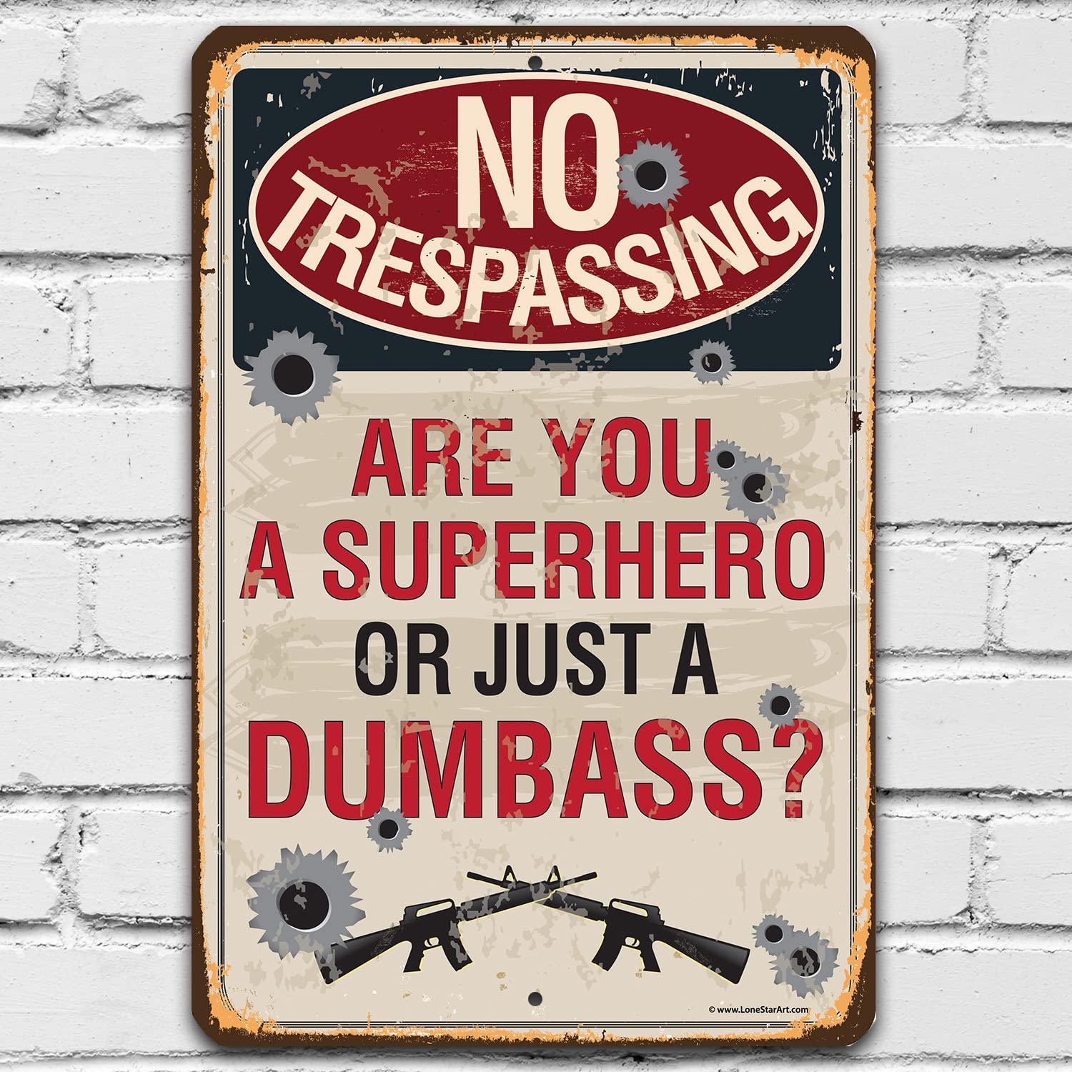 No Trespassing Superhero Metal Sign - Rustic Warning Sign for Man Cave, Garage & Gun Room Decor - Bullet Hole Design Gift for Gun Enthusiasts - 8x12 Indoor/Outdoor Durable Metal Plaque - Perfect for Home Security, Hunting Cabin & Shooting Range Decor