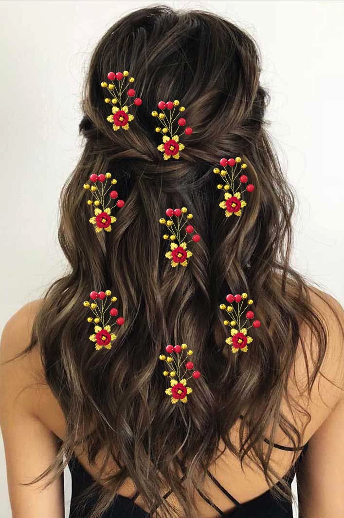 Elegant Red Artificial Flower Hair Pin with Beads for Women & Girls - Bridal Hair Accessories, Juda Pin, Pack of 8 - Perfect for Weddings, Parties & Special Occasions