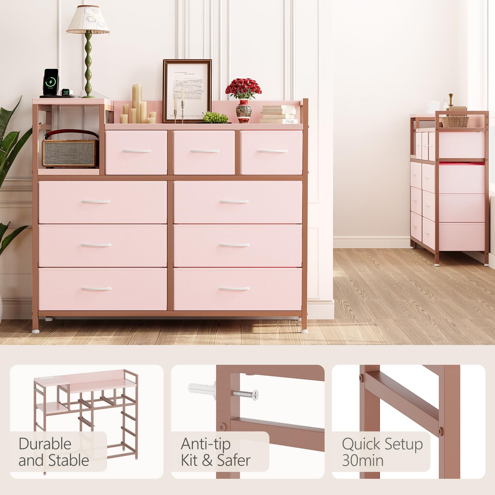 Jojoka TV Stand with Charging Station - 9-Drawer Modern Dresser for Bedroom & Living Room - Pink Entertainment Center for TV, Gaming Console & Media Storage