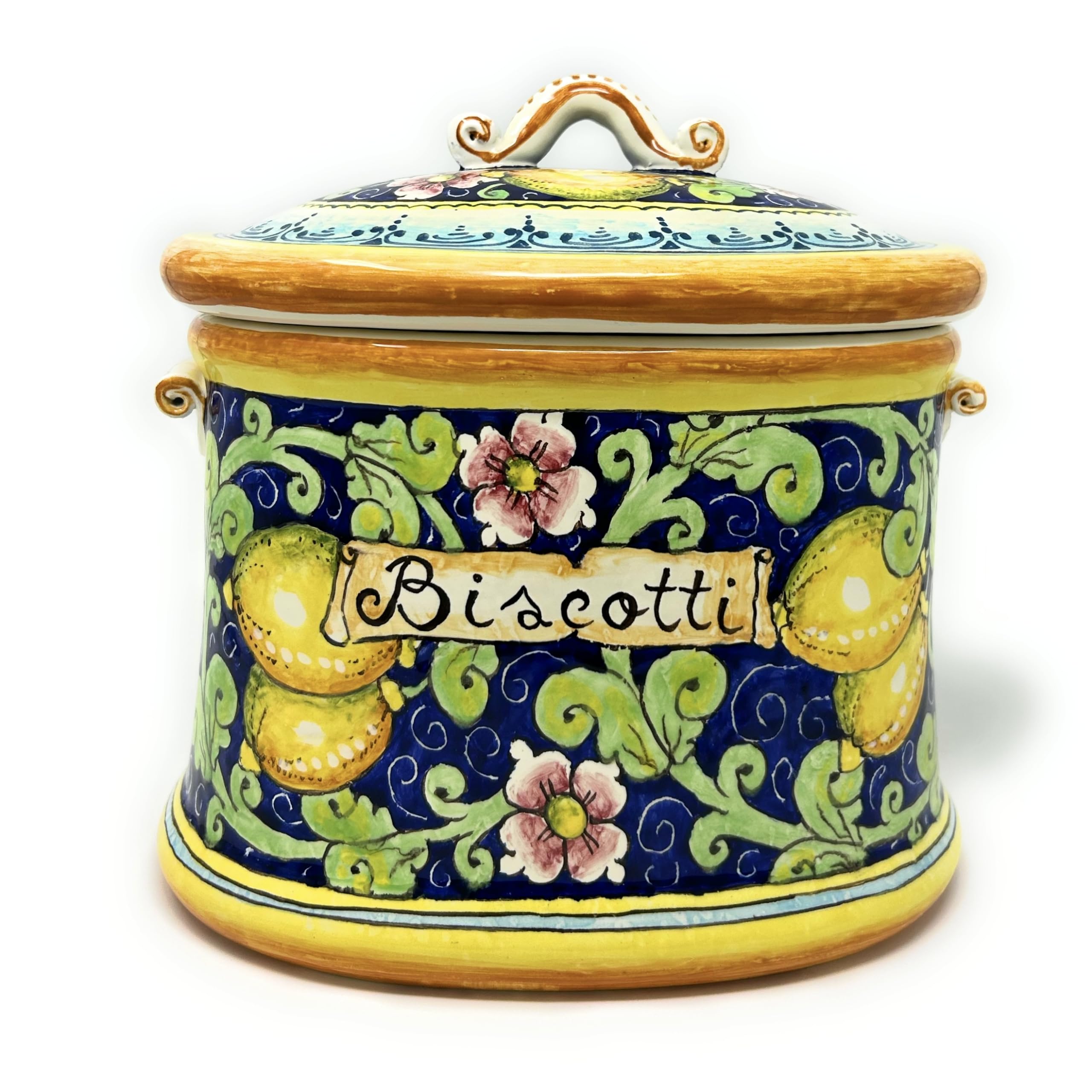Italian Ceramic Biscuit Cookies Jar - Hand Painted Tuscan Lemon Decor - Artisanal Pottery Made in Italy | Perfect for Kitchen Storage & Tuscan Home Decor