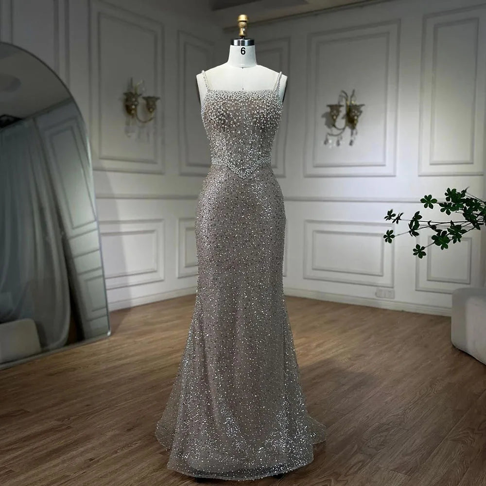 Elegant Nude Mermaid Evening Gown with Pearl Beading - Luxurious Women's Wedding Dress for Bride, Prom, Gala & Special Occasions | LA72321