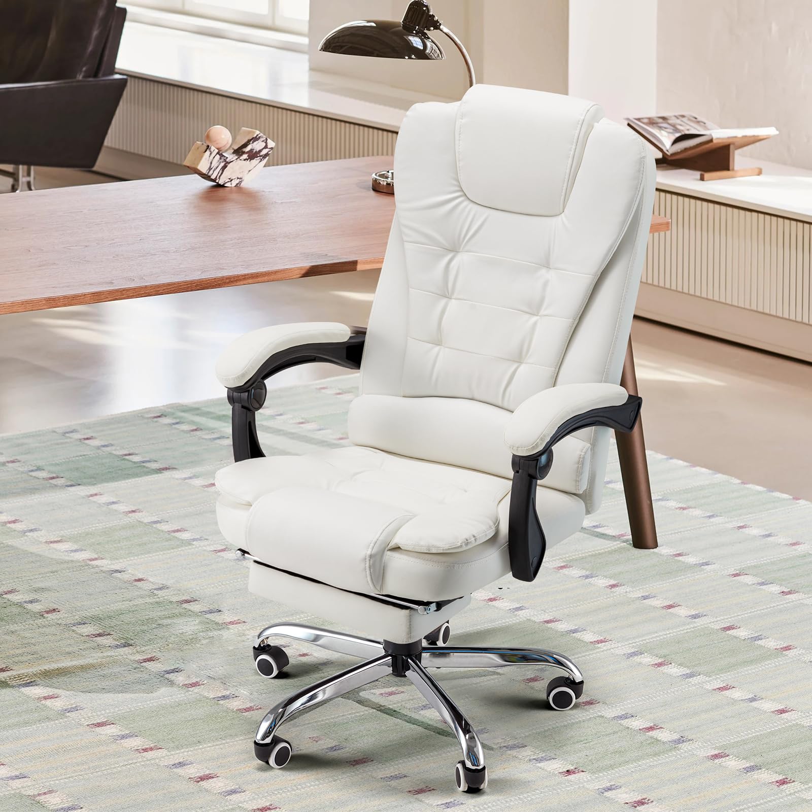 Premium Ergonomic Reclining Office Chair with 7 Massage Points & Heating Function - High Back Executive Desk Chair with Retractable Footrest - 360° Swivel Computer Chair for Home & Office (White) - Perfect for Long Work Hours, Gaming & Relaxation
