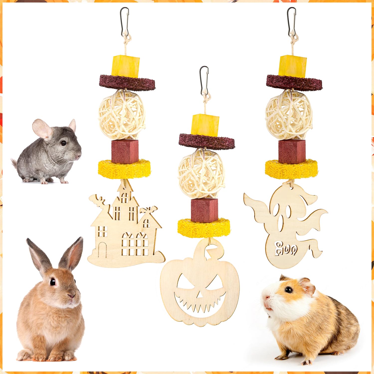 Halloween Guinea Pig Chew Toys - 3 Pack Wooden Rabbit Hamster Treats for Chinchillas, Rats & Small Pets - Hanging Cage Accessories for Teeth Care & Enrichment - Perfect Halloween Decor & Gifts for Bunny, Rodent Owners