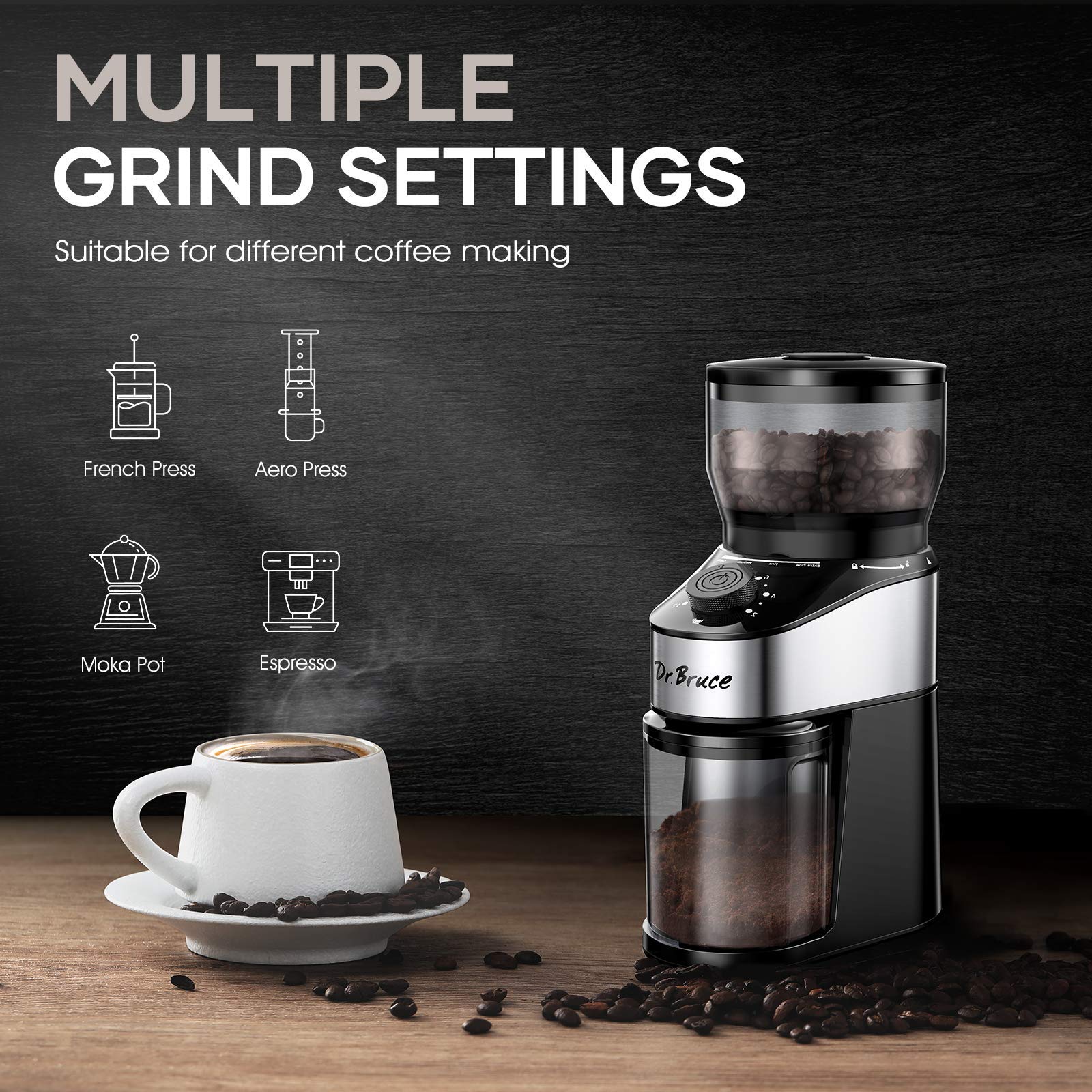 Premium Dr Bruce Conical Burr Coffee Grinder - Electric Coffee Mill with Adjustable Grind Settings (Coarse to Fine), 2-12 Cup Capacity, Stainless Steel - Perfect for Home, Office & Specialty Coffee Brewing