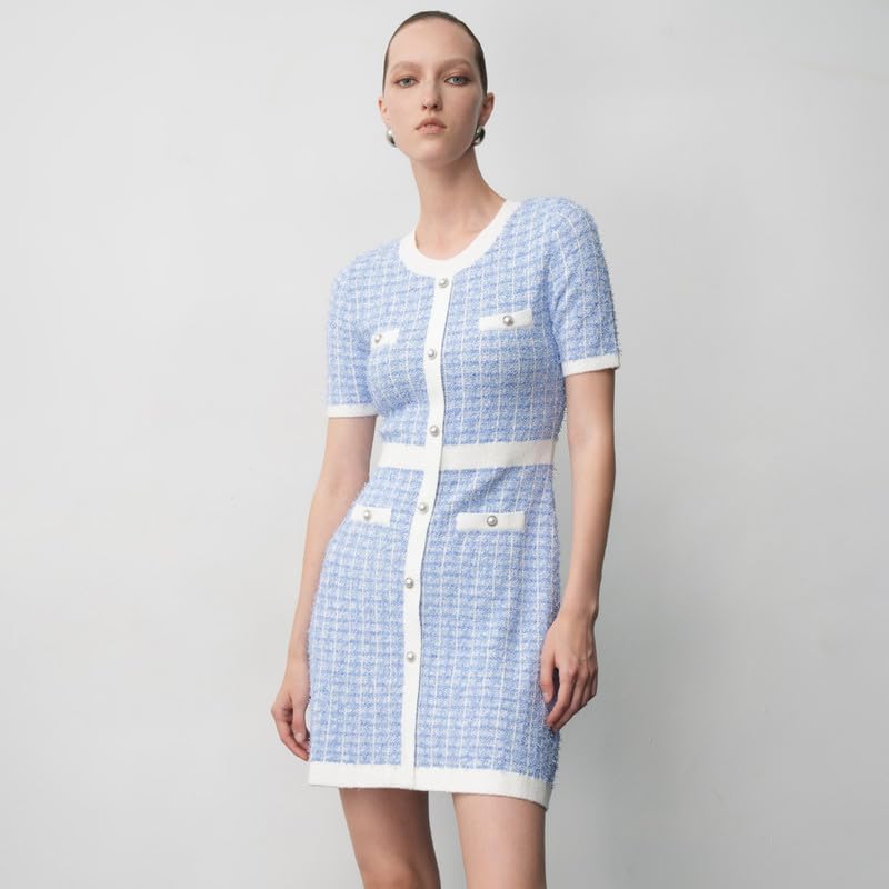 Women's Knit Tweed Sweater Dress with Pearl Buttons - Short Sleeve Mini Dress for Fall, Spring & Summer | Casual Office Wear, Date Night Outfit, Weekend Brunch Dress