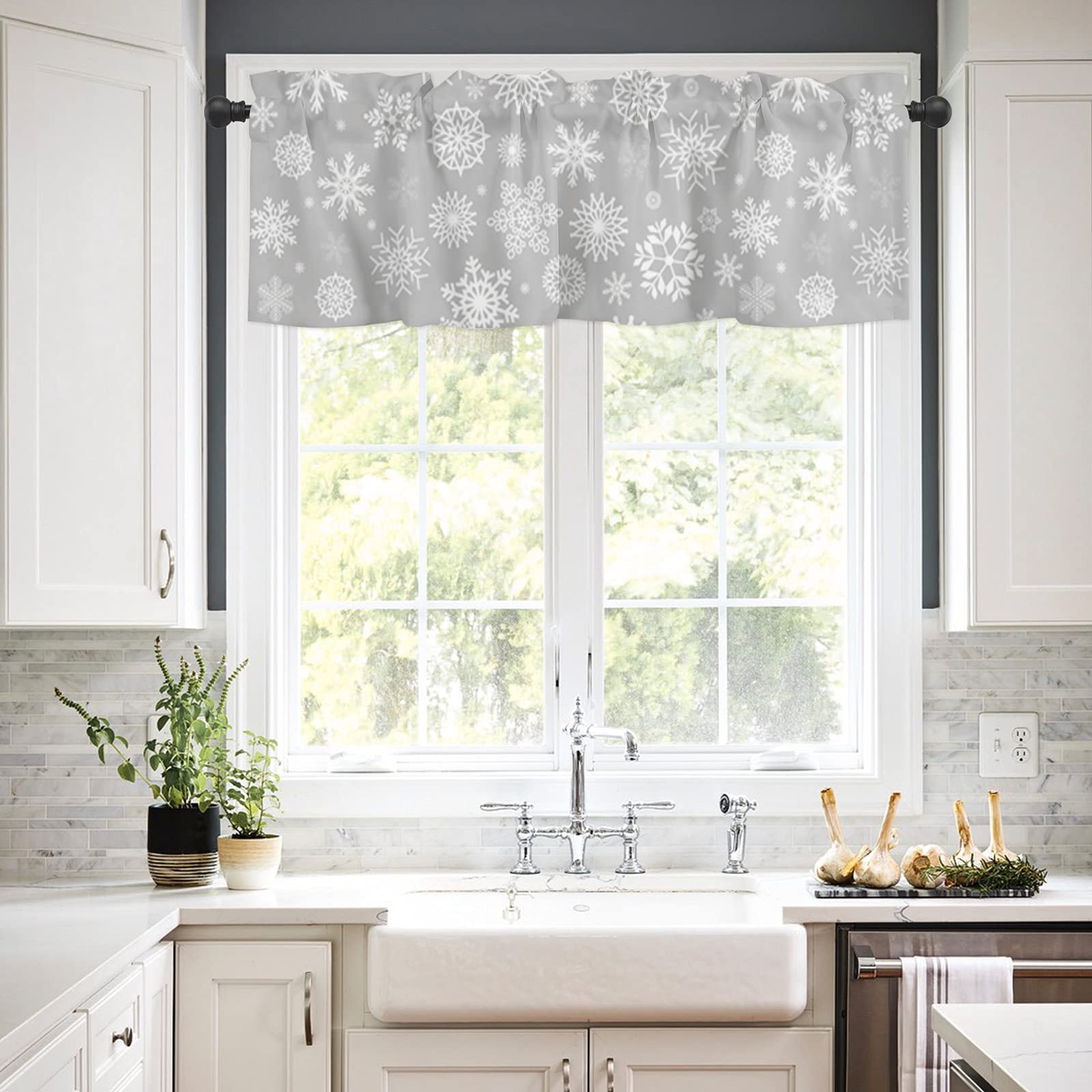 Snowflake Window Curtain Panel - 54 x 18 Inch Gray Kitchen Valance with Rod Pocket, Washable Drapery for Bedroom, Living Room & Small Windows | Perfect for Christmas Decor & Year-Round Home Decor