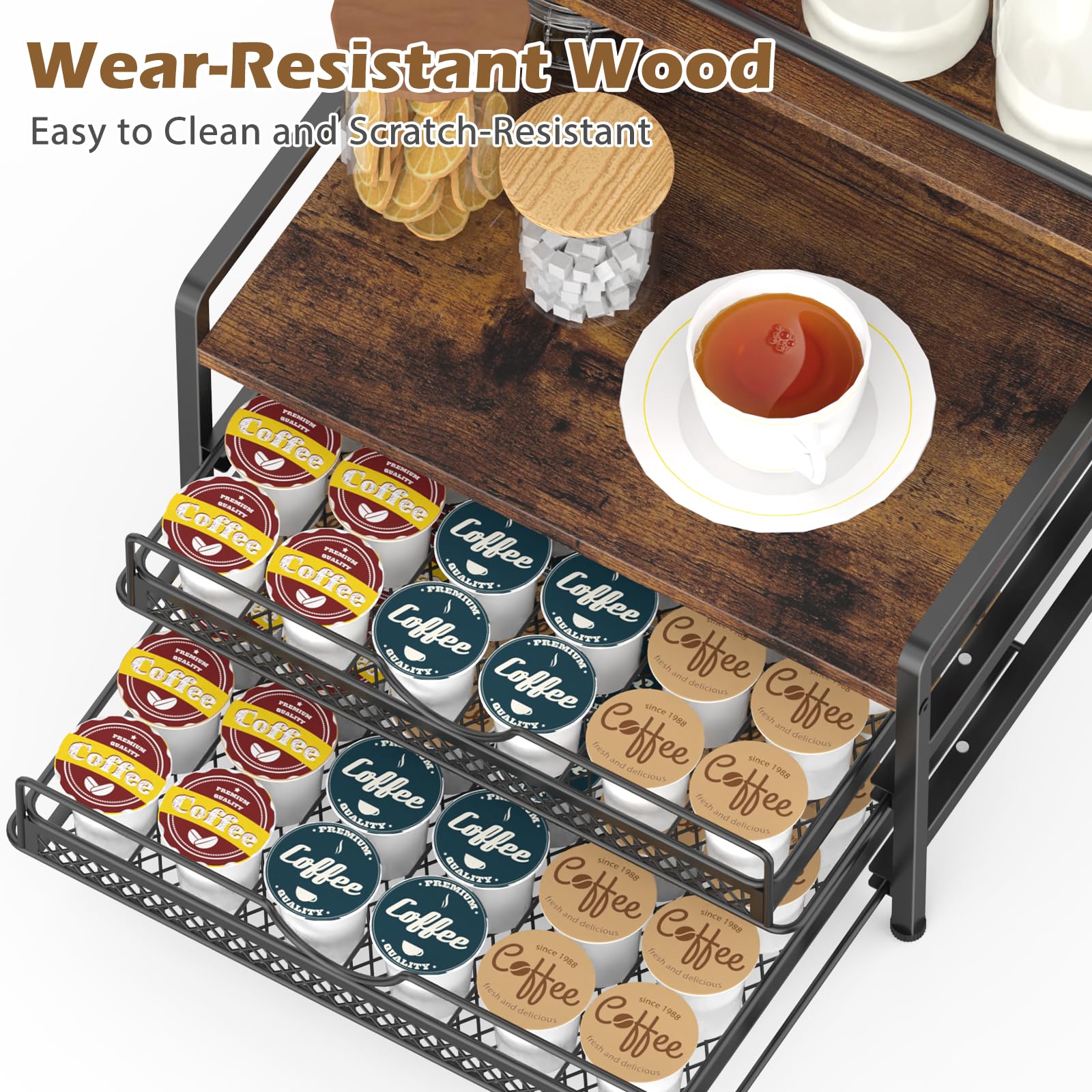 3-Tier Coffee Bar Organizer - Rustic Brown K-Cup Storage Rack for Coffee Pods, Syrups & Supplies | Countertop Organizer for Keurig, Nespresso & Coffee Makers | Perfect for Home Kitchen, Office Breakroom & Cafe Stations