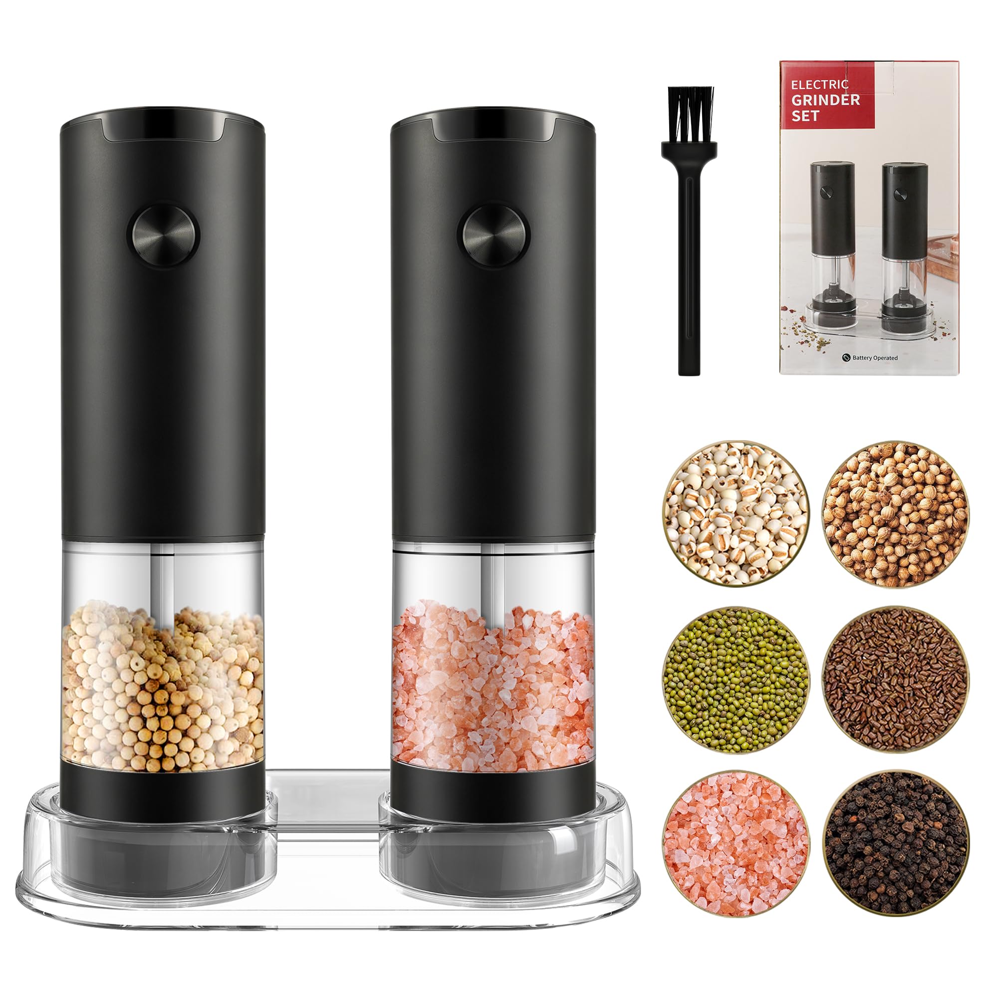Electric Salt and Pepper Grinder Set - Automatic Adjustable Coarseness Mill with LED Light - One-Hand Operation Kitchen Tool - Includes 2 Pack Refillable Shakers - Perfect for Cooking, Baking, BBQ & Dining Table Seasoning