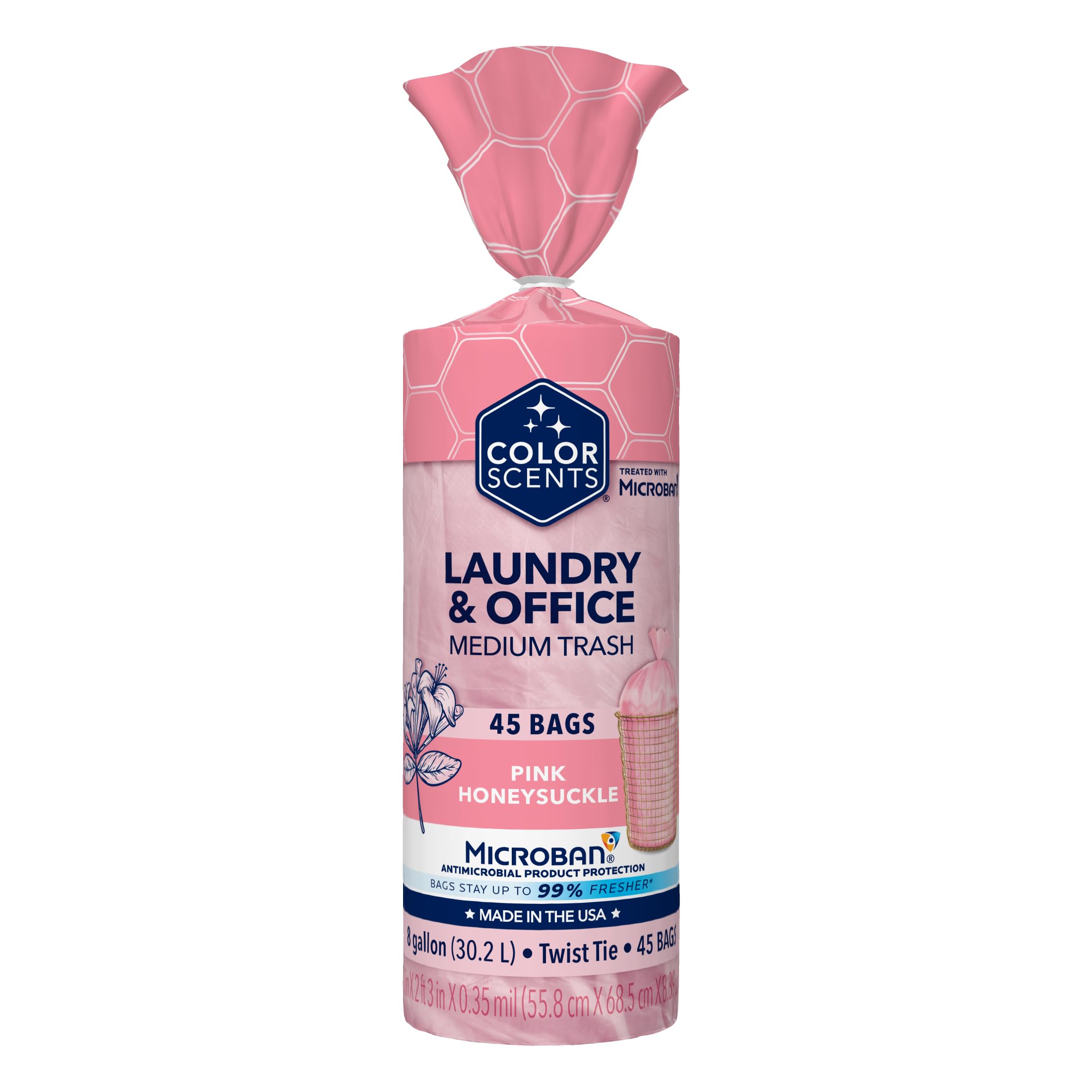 Color Scents Medium Trash Bags - 8 Gallon, 45 Count (1 Pack) | Pink Honeysuckle Scent with Microban Technology | Twist Tie Closure | Ideal for Bathrooms, Bedrooms & Small Office Waste Bins
