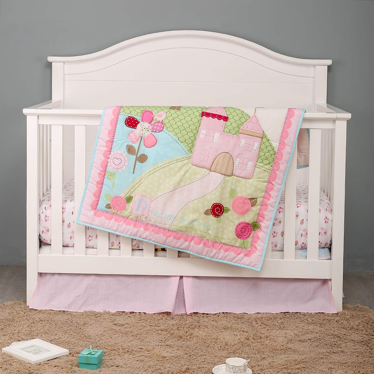 **Watercolor Pink Floral Castle Crib Bedding Set for Baby Girls – 2-Piece Nursery Set with Quilt & Fitted Sheet | Soft & Cozy for Crib, Cot, or Toddler Bed**    *(Perfect for nursery decor, baby showers, or as a cozy gift for newborn girls!)*