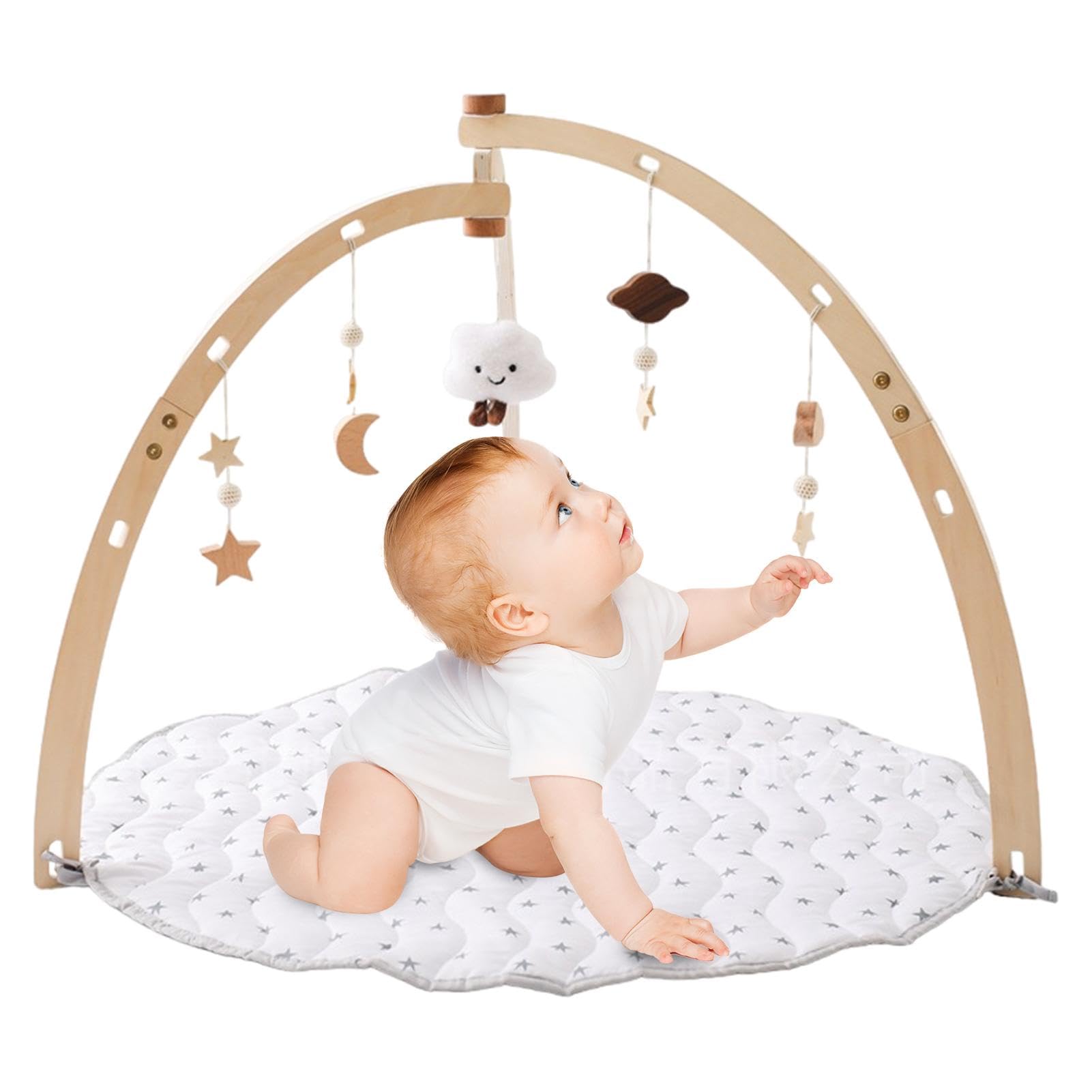 Wooden Baby Play Gym - Interactive Activity Center with Sensory Toys & Soft Mat for Infants & Toddlers | Montessori Learning, Tummy Time, Early Development Play Set