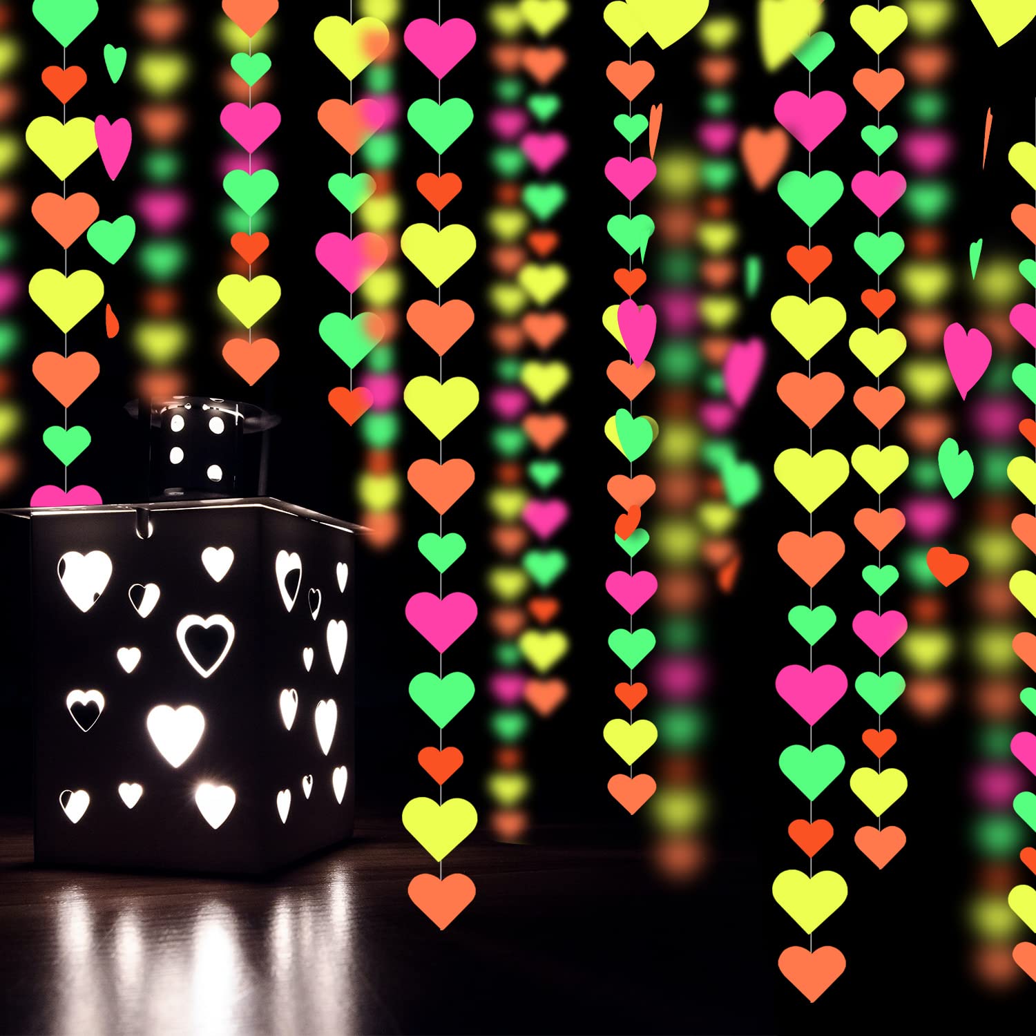 90ft Glow in the Dark Crepe Paper Heart Streamers - UV Reactive Party Decorations for Blacklight Birthday, Halloween & Neon Events - Pink & Yellow Paper Garland for Ceiling, Wall & Photo Booth Decor
