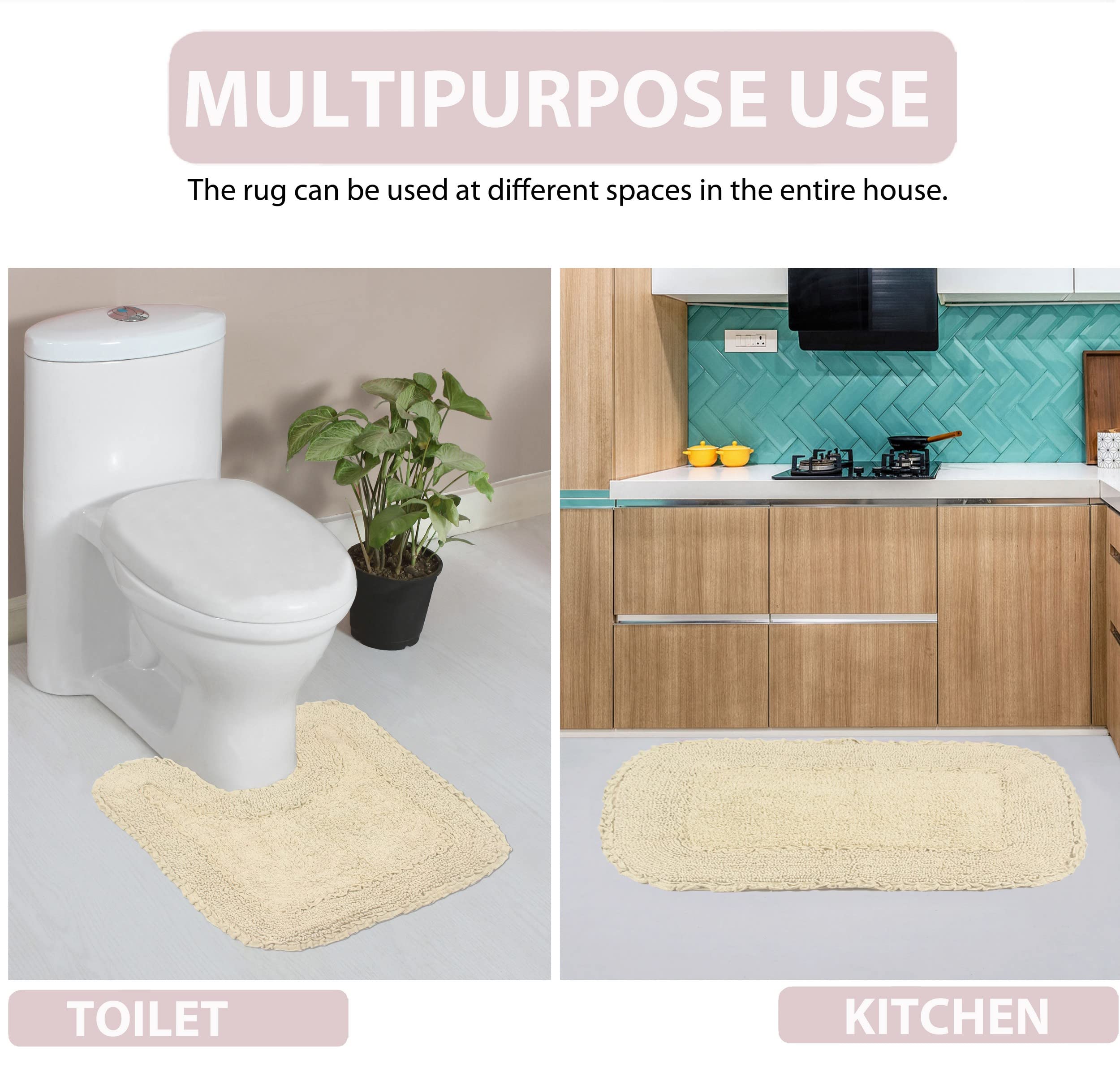 Premium 100% Cotton Bathroom Rugs Set - Ultra Soft & Absorbent Non-Slip Bath Mat with Runner - Machine Washable 3-Piece Ivory Collection for Bathroom & Kitchen Floor - Home Weavers Radiant Collection - Perfect for Bathroom Safety & Cozy Home Decor