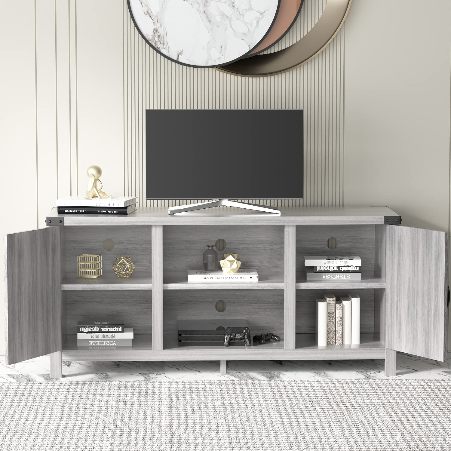 JUMMICO 65 Inch TV Stand - Farmhouse Style Entertainment Center with Double Barn Doors & Storage Cabinets, Media Console Table for Living Room & Bedroom (Grey) - Perfect for Rustic Home Decor & TV Organization