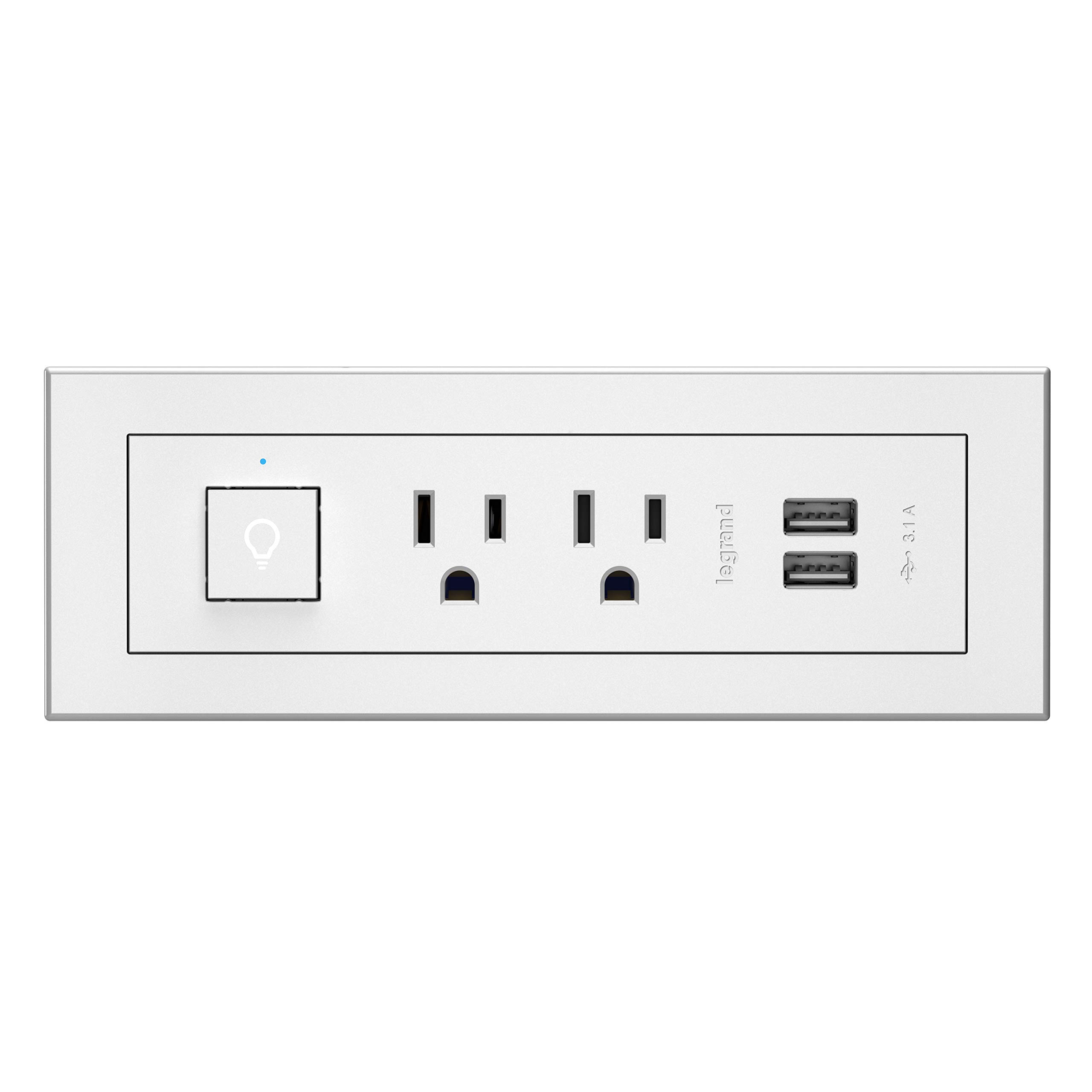 Legrand Wiremold RDSZWH10 Recessed Power Strip with USB - 2 Outlets & Type A USB Ports - 10ft White Cord - Ideal for Home Office, Bedroom & Entertainment Centers