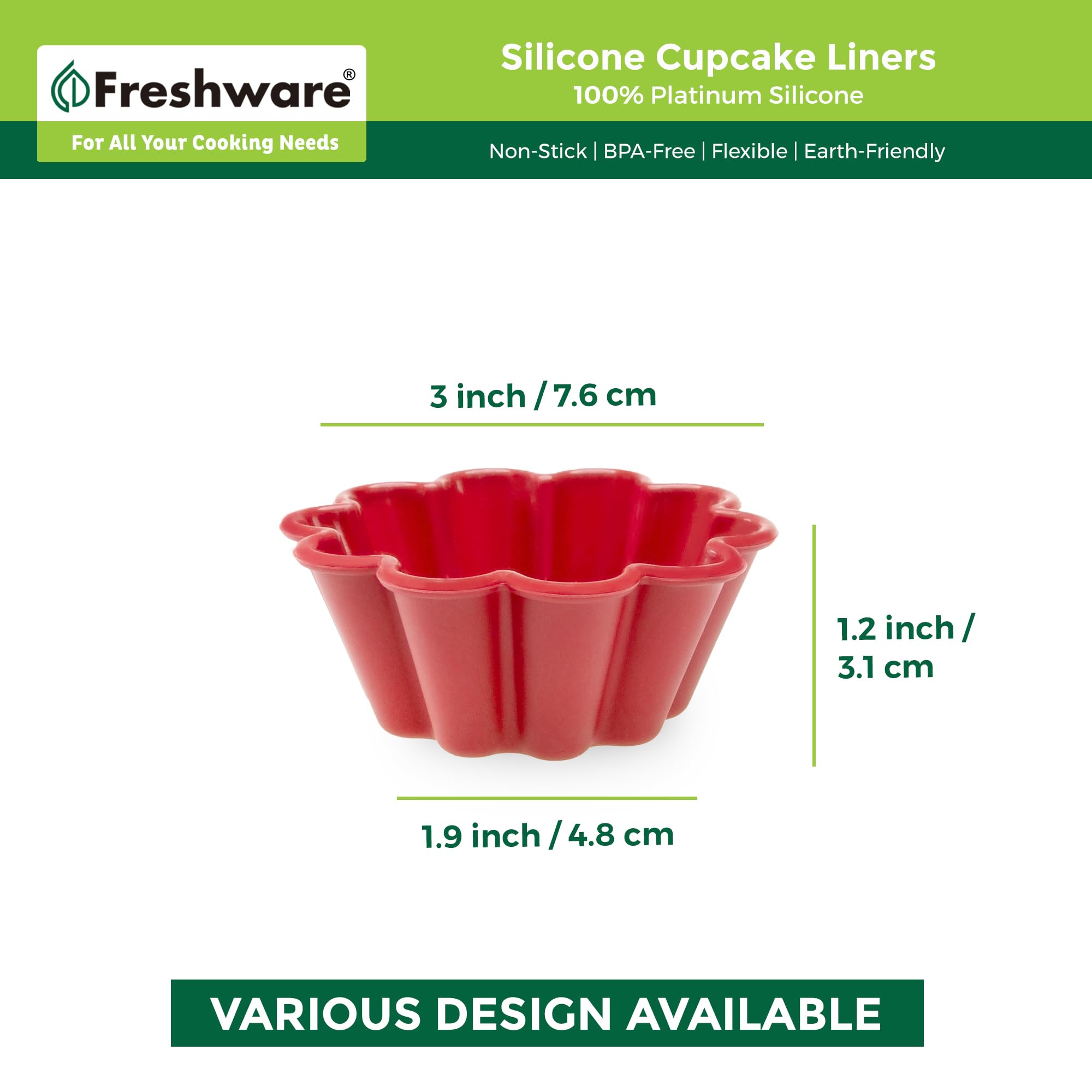 Freshware 12-Pack Silicone Cupcake Liners - 3 Inch Reusable Non-Stick Muffin Baking Cups for Baking, Party, Halloween & Christmas - Perfect for Cupcakes, Muffins & Flower-Shaped Desserts