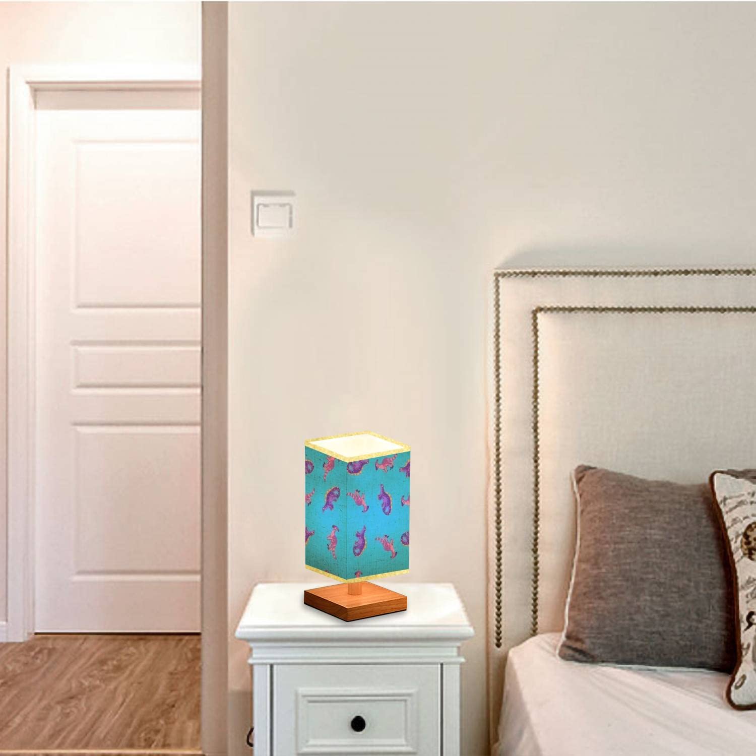 Dimmable Kids Dinosaur Nightstand Lamp - Cute Wooden Base with Flaxen Fabric Shade, Bedside Table Lamp for Nursery, Bedroom & Living Room | Perfect Reading Light and Decorative Accent for Kids' Rooms