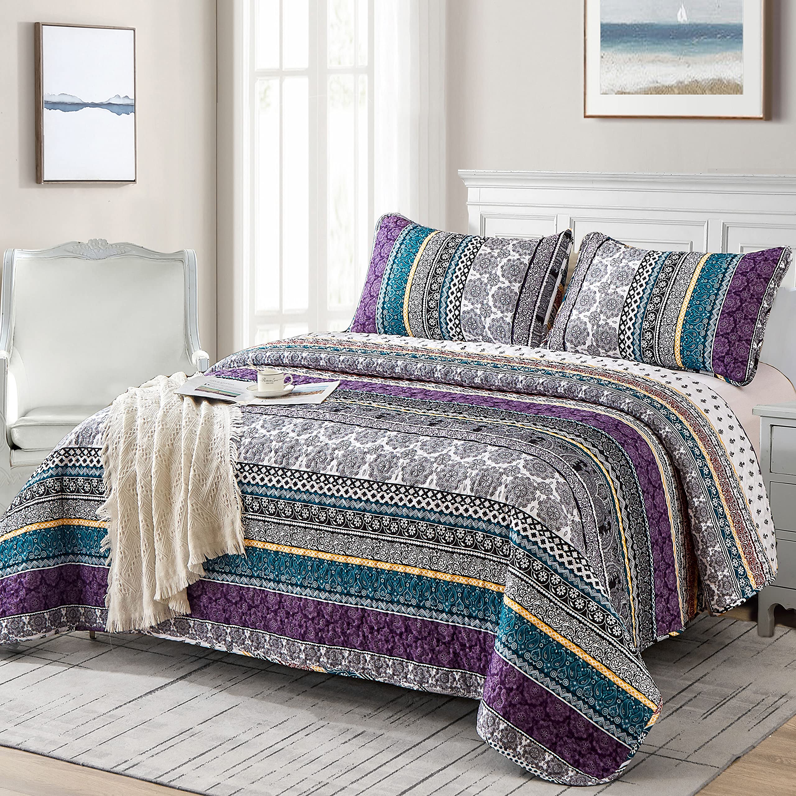 Boho Queen Quilt Set - Colorful Bohemian Style Lightweight Bedspread 96