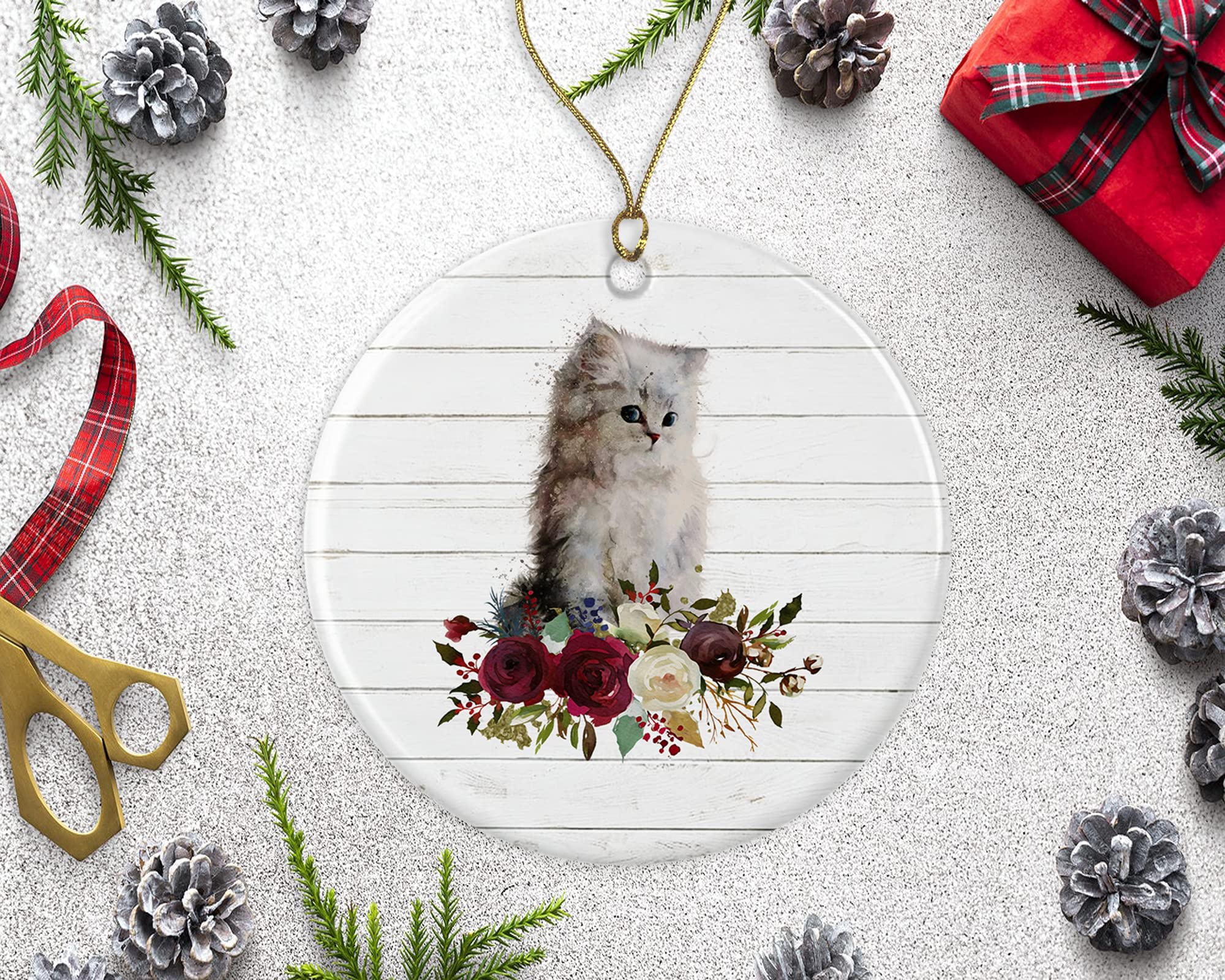 White Kitten Cat Ornament - Ceramic Christmas Pet Gift for Cat Lovers - Handmade Holiday Decoration with Double-Sided Design - Perfect for Tree Decor, Gift Exchange & Home Decor