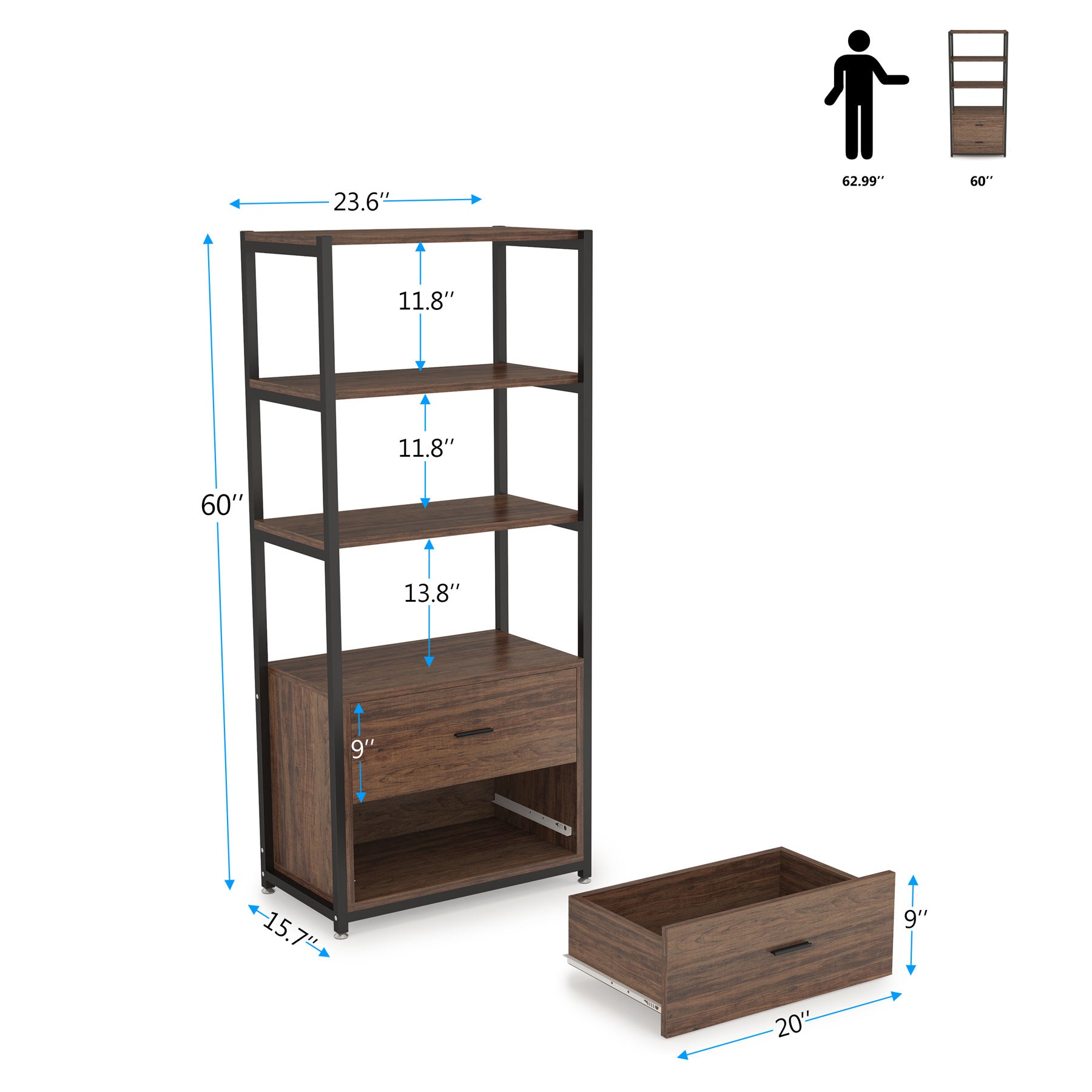 4 Tier Bookshelf with 2 Drawers - Modern Wooden Bookcase for Home & Office - Perfect for Organizing Books, Decor & Storage in Living Room, Bedroom or Study