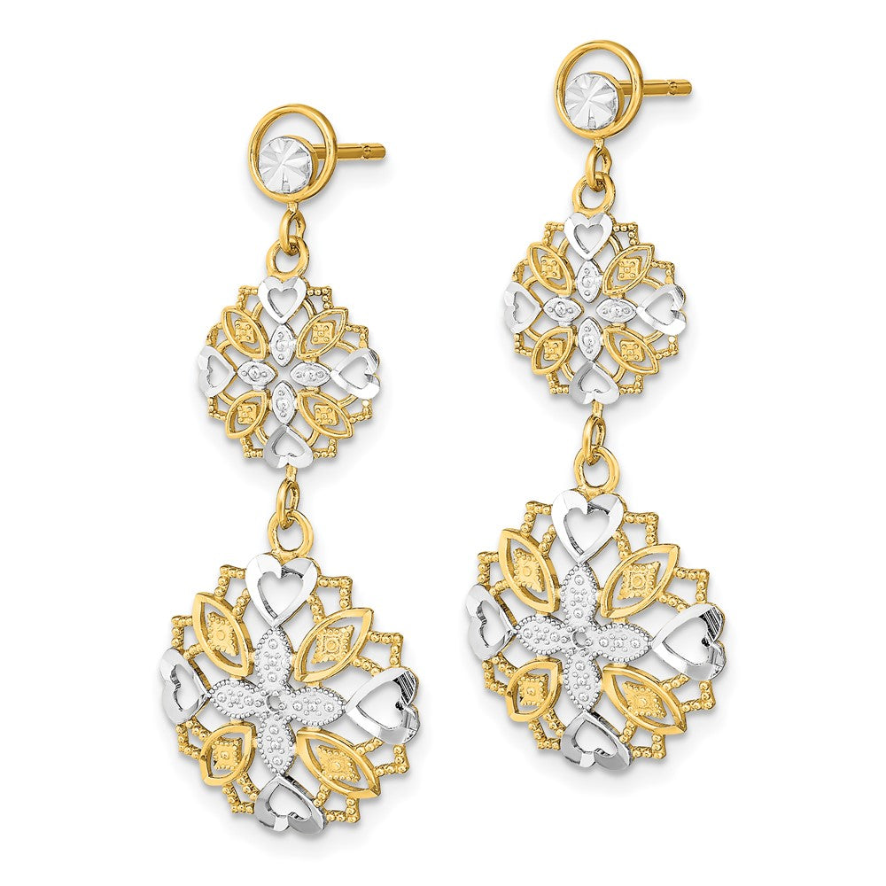 Gold Diamond Cut Flower and Heart Dangle Earrings TE918 - Elegant Women's Jewelry for Parties, Weddings & Special Occasions